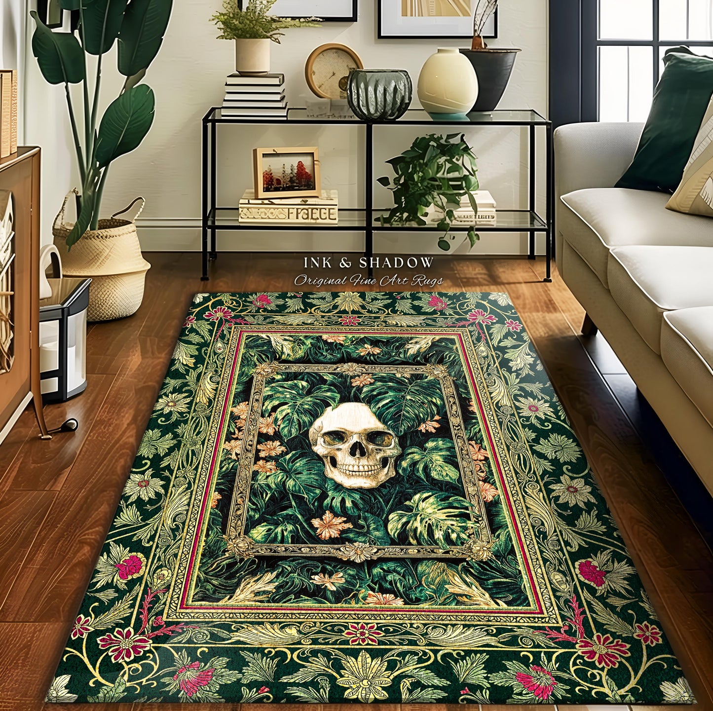 Botanical Gothic Macabre Skull Rug | Baroque Goth Decor Spooky Fall Aesthetic Dark Academia Bedroom Accent Rug Skeleton Halloween Witchy Art