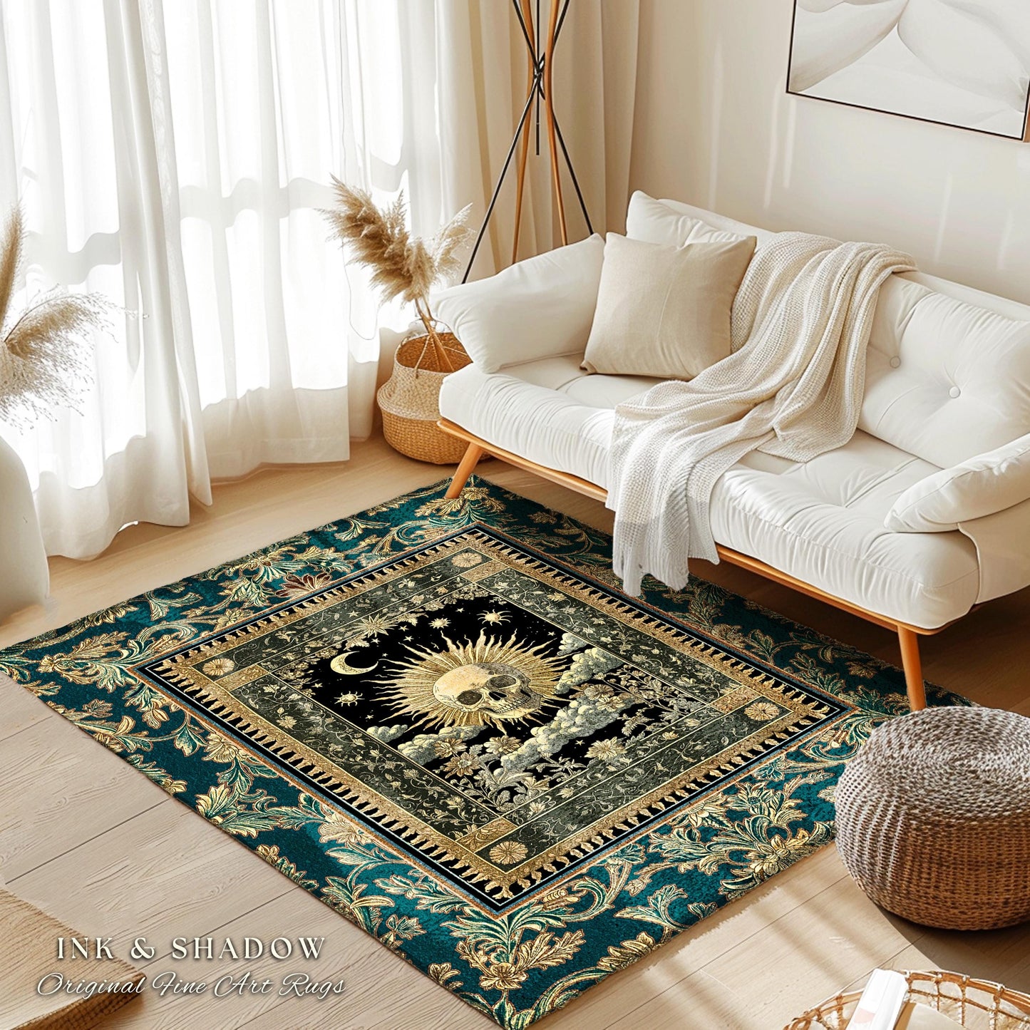 Bewitched Skeleton Witchy Area Rug | Retro Skull Bedroom Accent Macabre Decor Fall Witch Vibe Book Nook Whimsigoth Baroque Spooky Style |