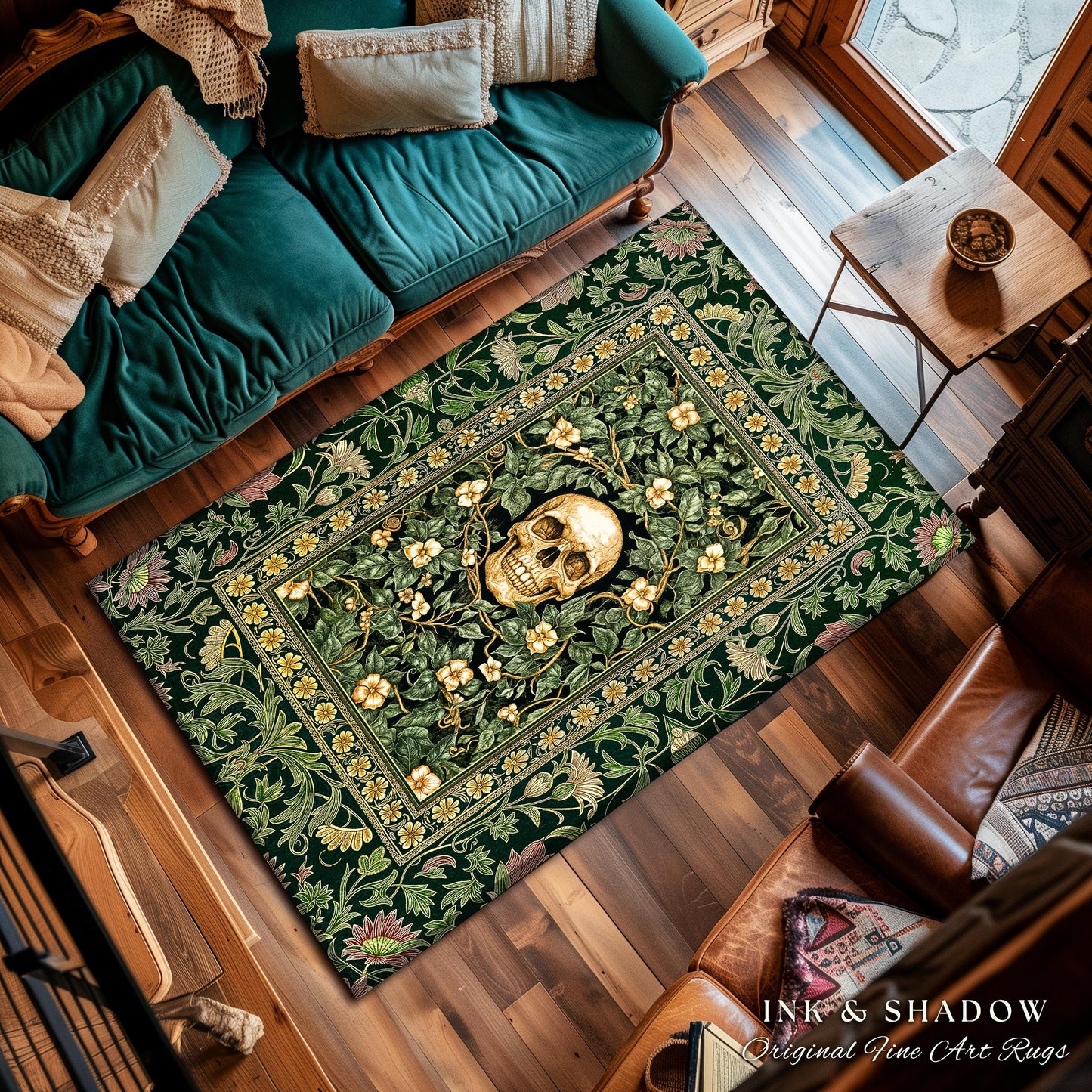 Macabre Garden Skull Area Rug | Botanical Gothic Aesthetic Skeleton Bedroom Floor Accent Spooky Season Decor Witchy Vibes Dark Academia Goth