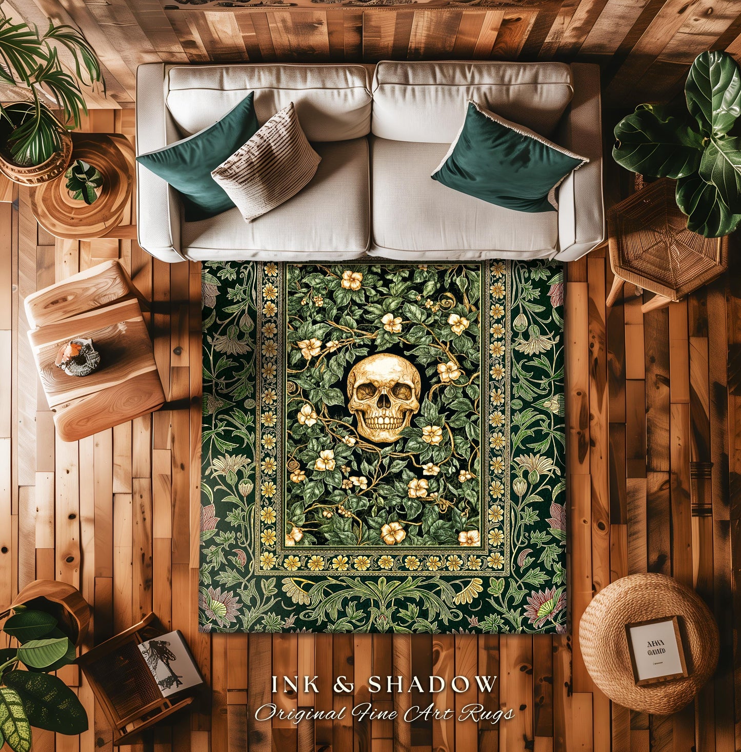 Macabre Garden Skull Area Rug | Botanical Gothic Aesthetic Skeleton Bedroom Floor Accent Spooky Season Decor Witchy Vibes Dark Academia Goth