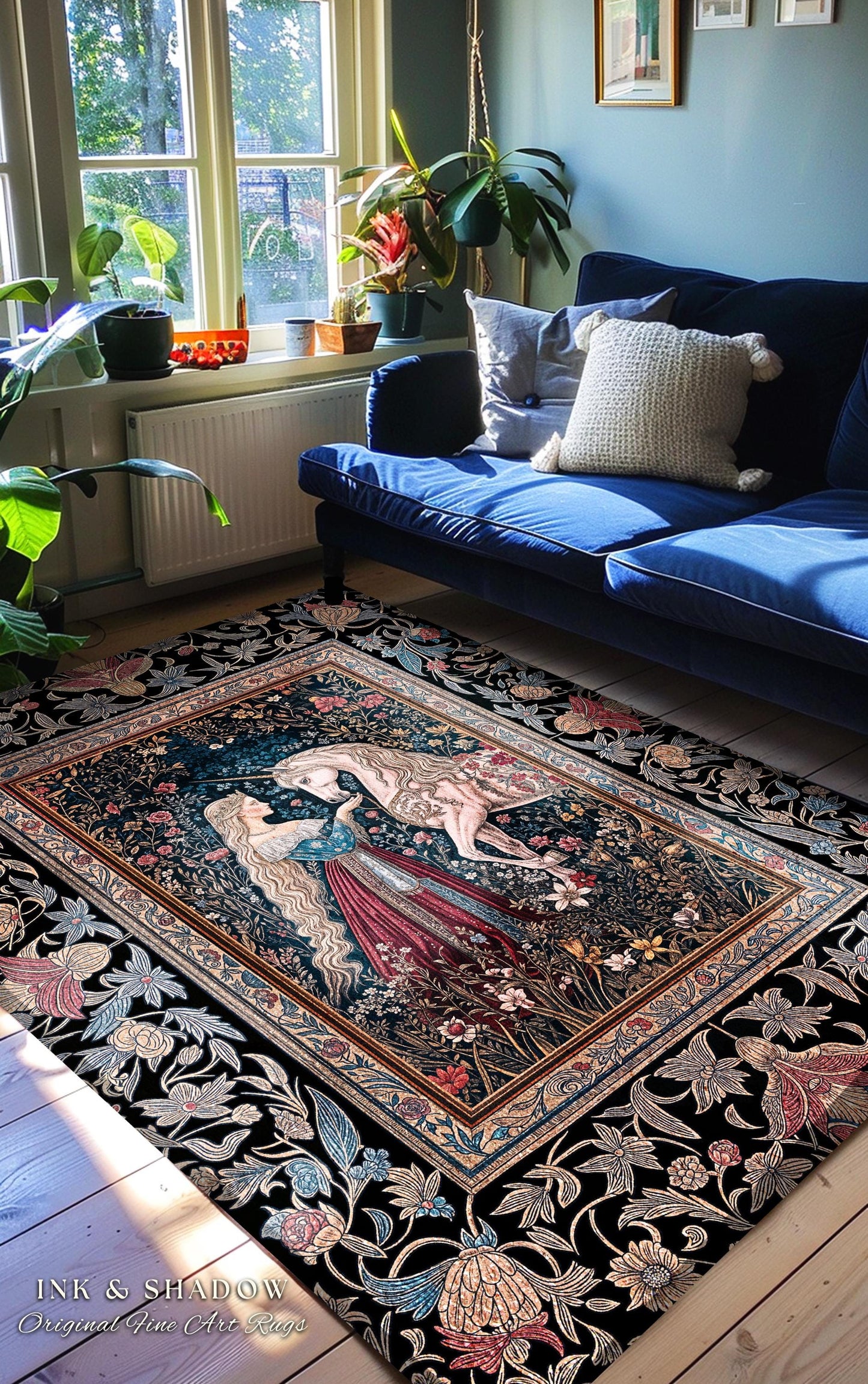Mystic Fairytale Unicorn Area Rug | Renaissance Aesthetic Gloomy Coquette Home Decor Accent Dark Cottagecore Storybook Gothic Theme Bedroom