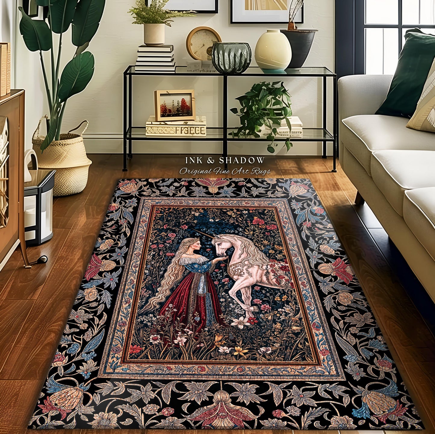 Mystic Fairytale Unicorn Area Rug | Renaissance Aesthetic Gloomy Coquette Home Decor Accent Dark Cottagecore Storybook Gothic Theme Bedroom