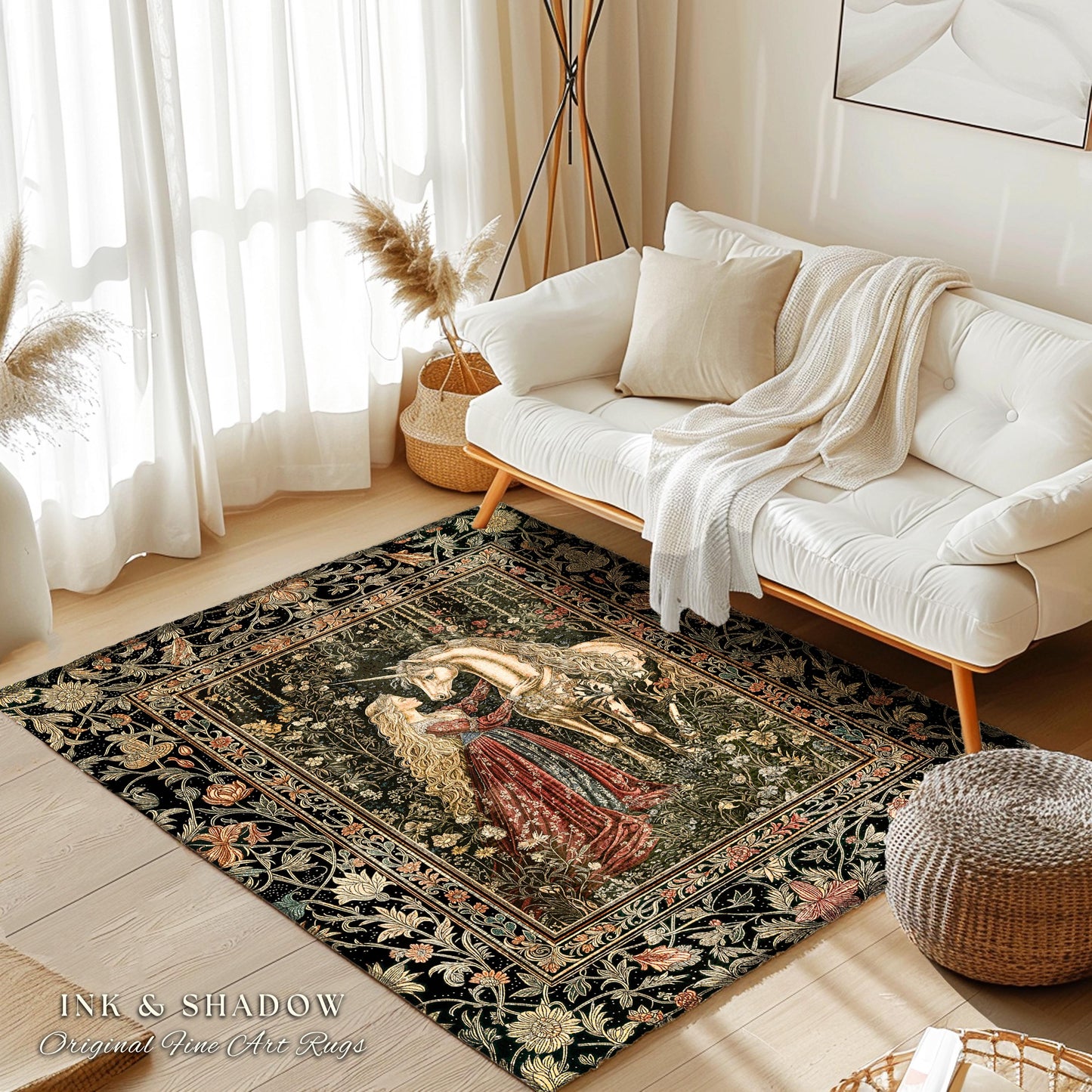 Romantic Fairytale Unicorn Area Rug | Regency Dark Cottagecore Coquette Home Decor Accent Dreamy Rococo Bedroom Storybook Gothic Style Decor