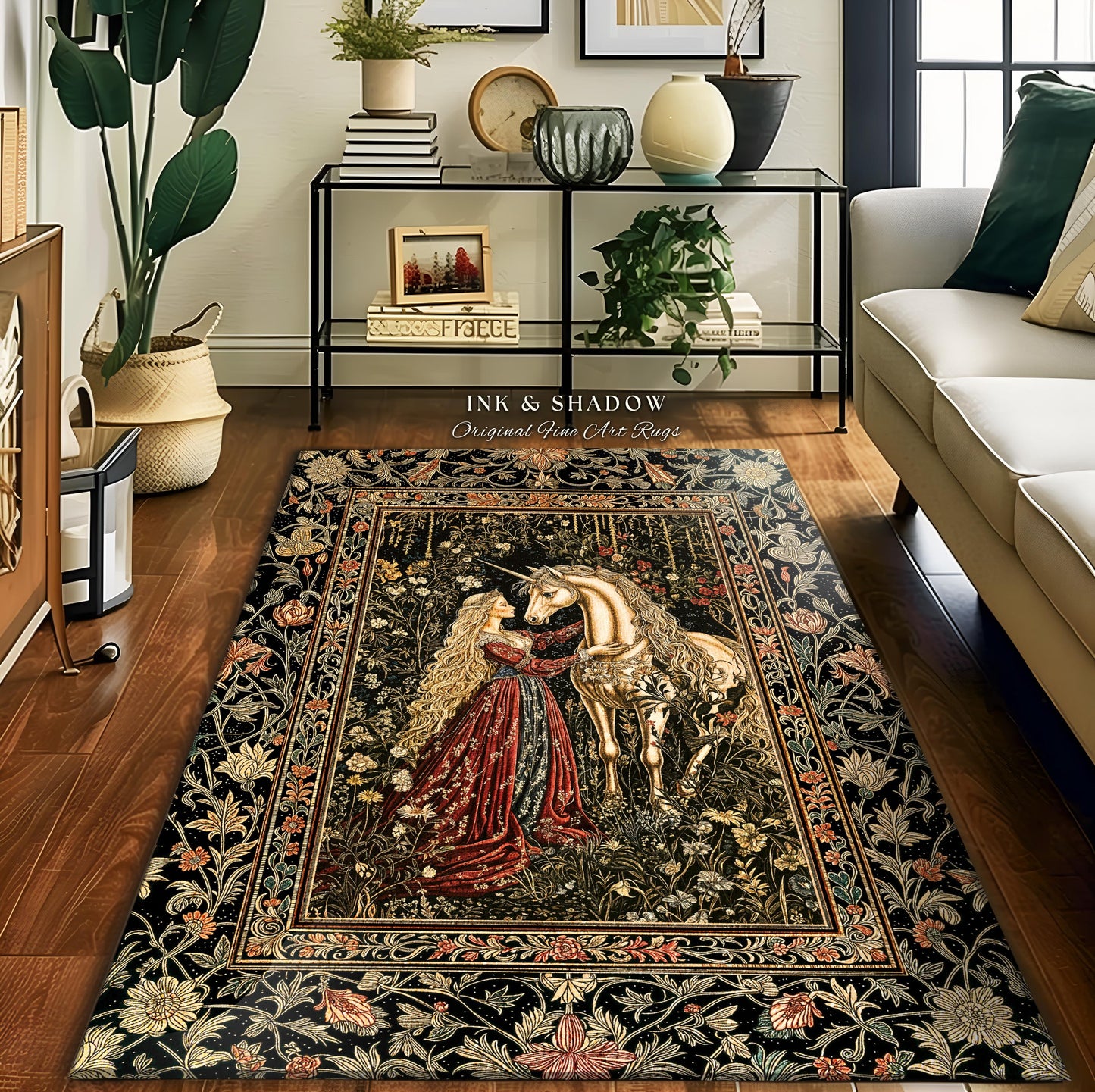 Romantic Fairytale Unicorn Area Rug | Regency Dark Cottagecore Coquette Home Decor Accent Dreamy Rococo Bedroom Storybook Gothic Style Decor