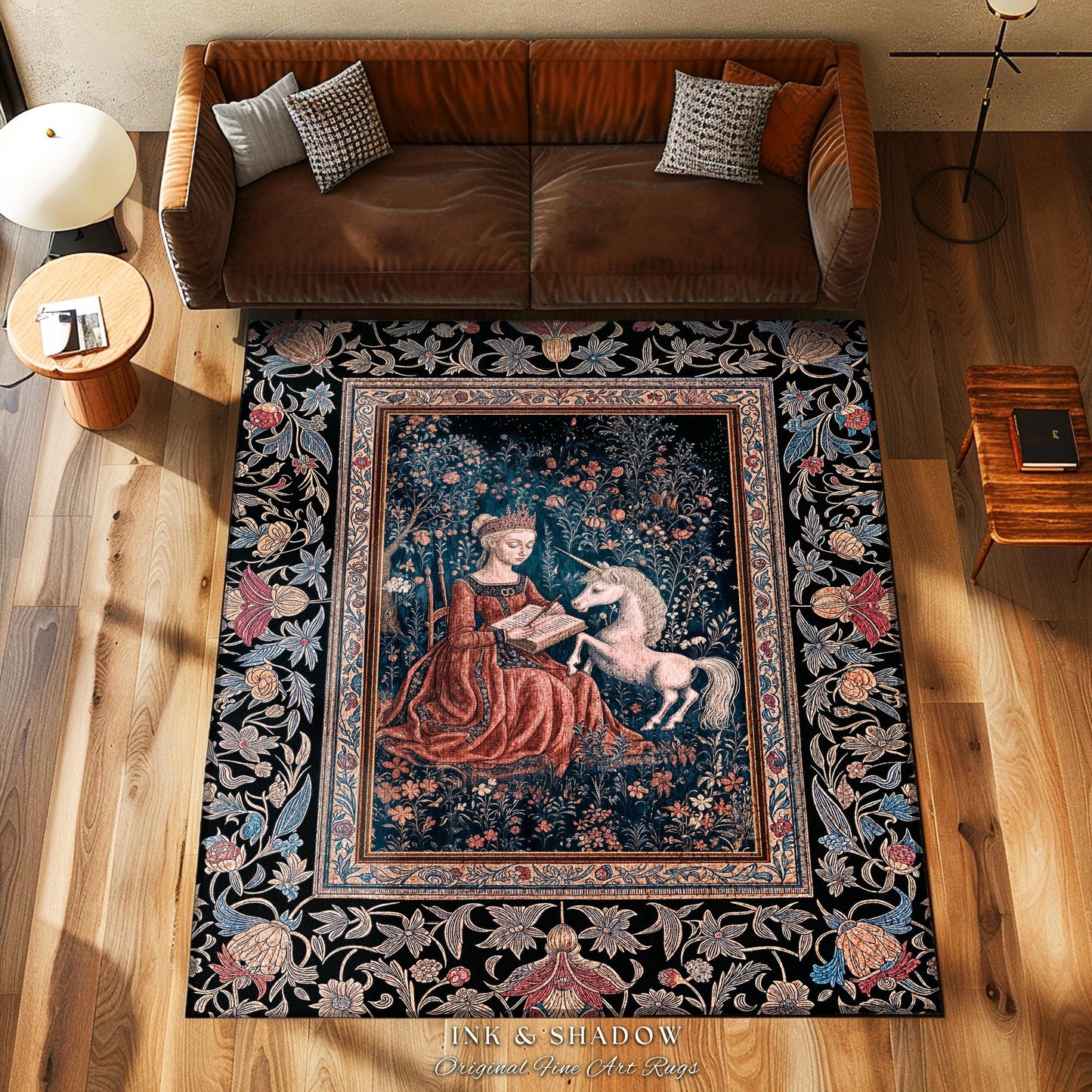 Fairytale Unicorn Victorian Accent Rug | Storybook Dark Academia Decor Fairytale Princess Rococo Area Rug Romantic Cottage Aesthetic Decor