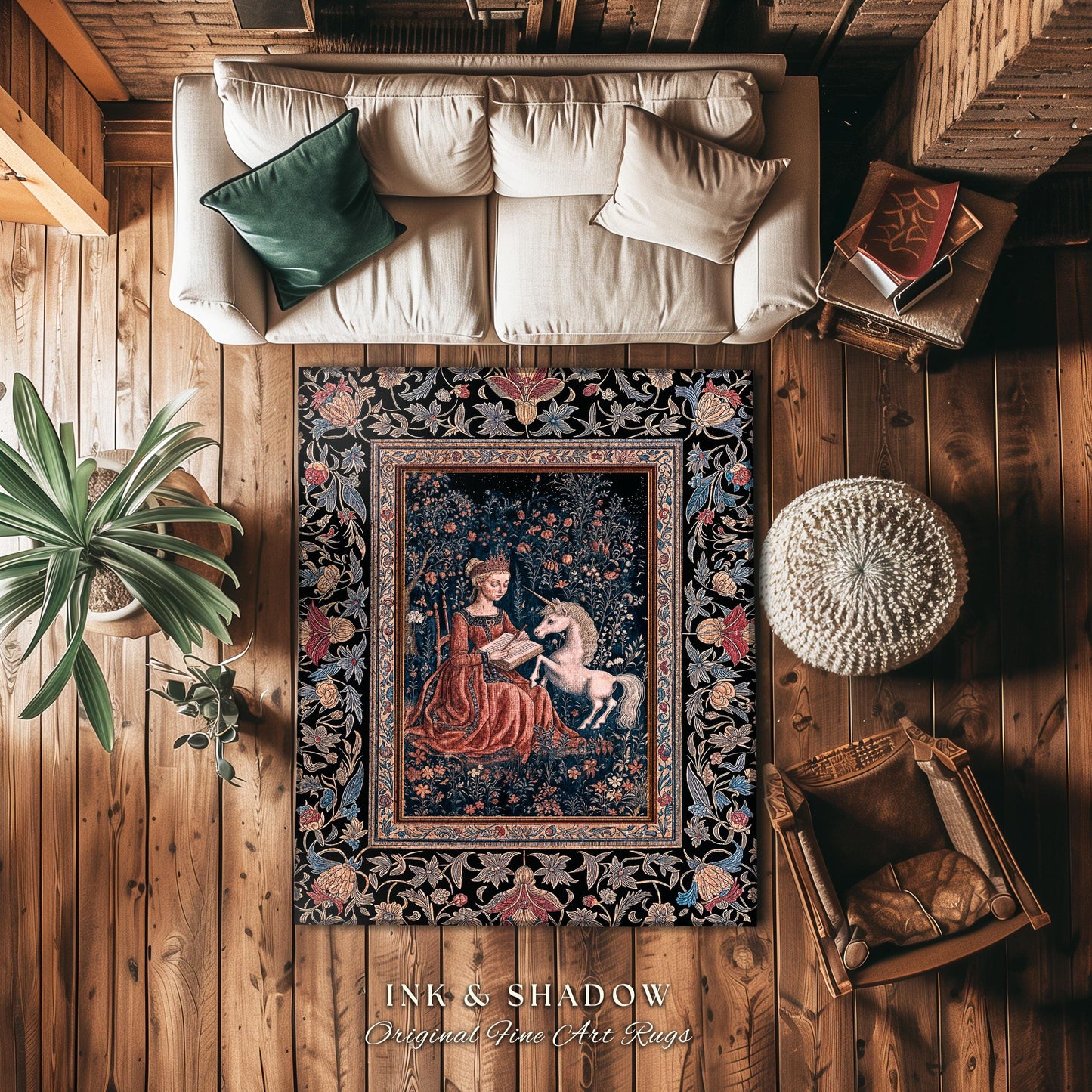 Fairytale Unicorn Victorian Accent Rug | Storybook Dark Academia Decor Fairytale Princess Rococo Area Rug Romantic Cottage Aesthetic Decor