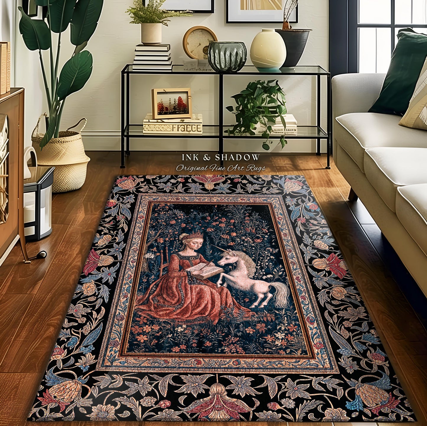 Fairytale Unicorn Victorian Accent Rug | Storybook Dark Academia Decor Fairytale Princess Rococo Area Rug Romantic Cottage Aesthetic Decor