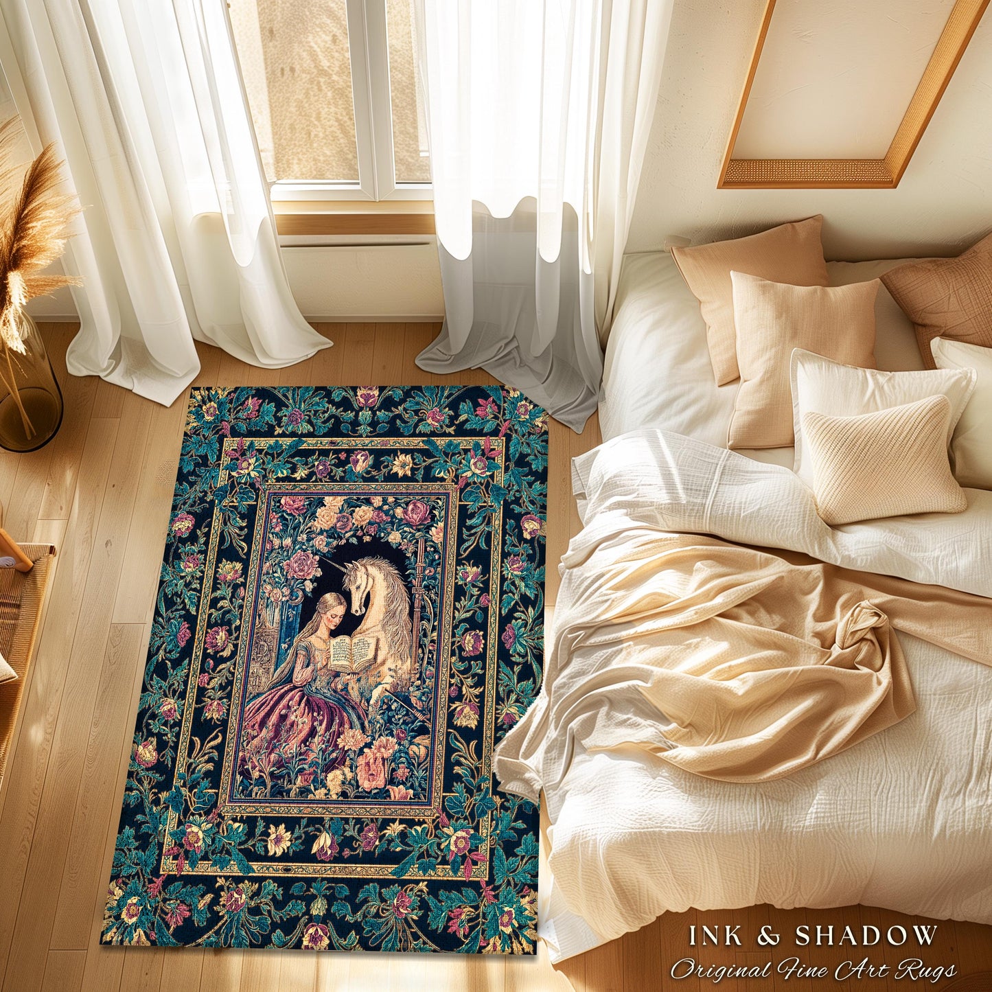 Floral Pastel Medieval Reading Room Rug | Coquette Bedroom Whimsical Rococo Unicorn Fairytale Home Accent Romantic Princesscore Decor Regal
