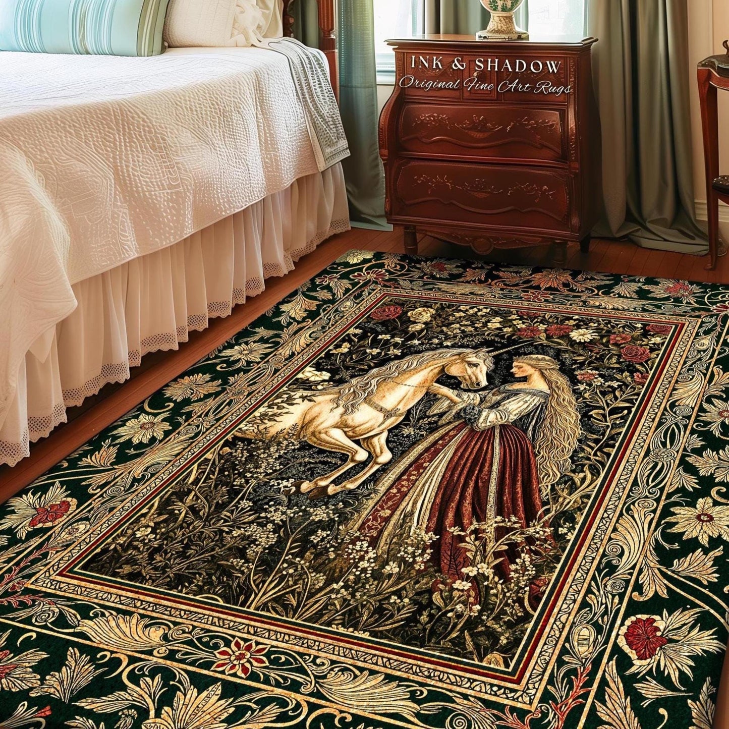 Renaissance Fairytale Floral Accent Rug | Baroque Cottagecore Aesthetic Literary Goth Home Accent Regal Princesscore Bedroom Decor Medieval