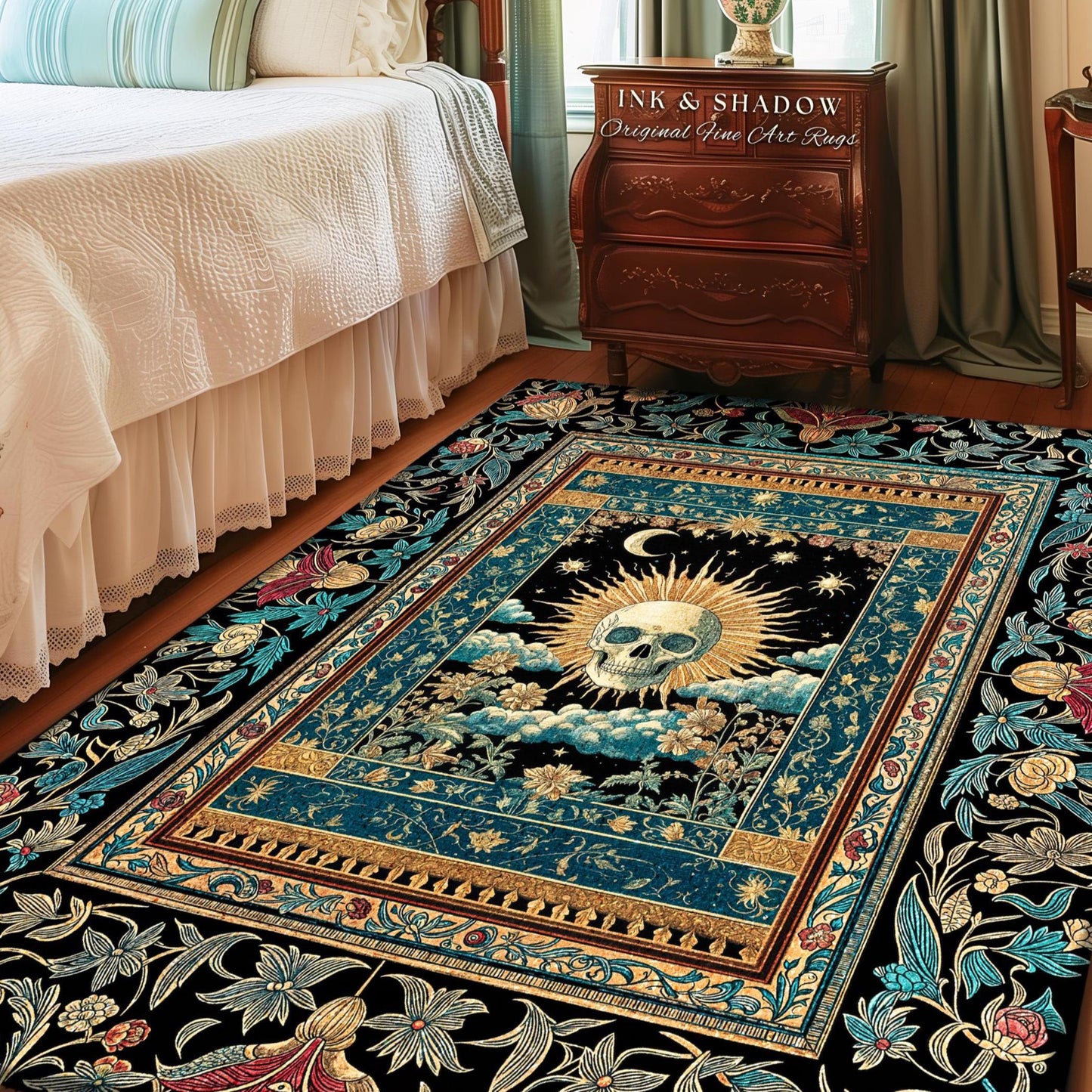 Gothic Bohemian Skull Witchy Area Rug | Wiccan Aesthetic Halloween Vibes Dark Academia Bedroom Baroque Spooky Season Decor Celestial Tarot