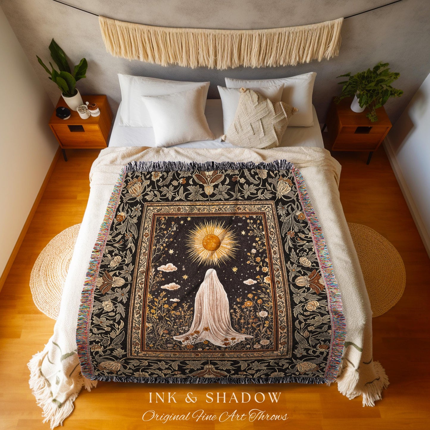 Golden Hour Mystic Ghost Blanket | Autumn Floral Tapestry Woven Throw Halloween Decor Whimsigoth Cottagecore Spirit Home Accent Witchy Theme