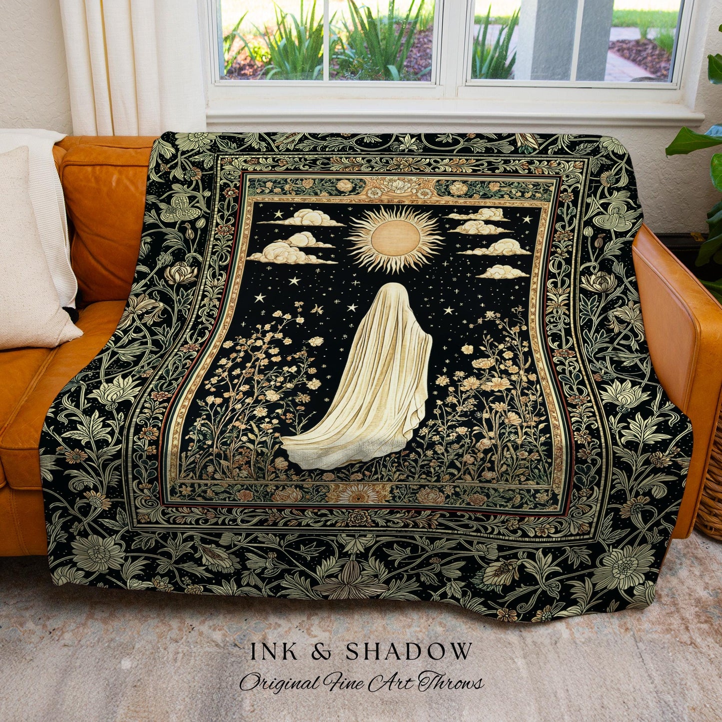 Whimsical Sky Spirit Blanket | Woven Tapestry Ghost Throw Halloween Floral Decor Cottagecore Whimsigoth Accent Botanical Dark Academia Style