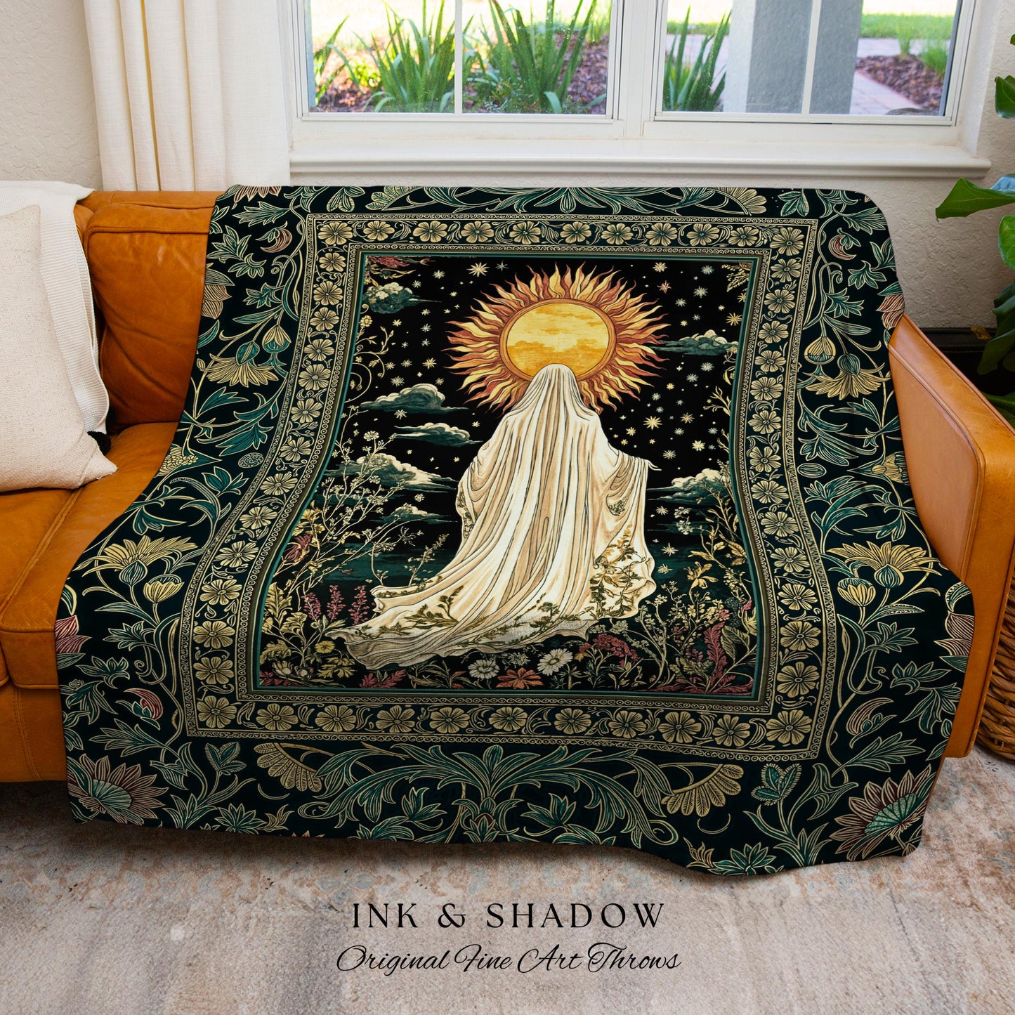 Autumn Harvest Spirit Ghost Blanket | Cottagecore Halloween Floral Woven Throw Tapestry Whimsigoth Gothic Home Decor Botanical Cozy Witchy