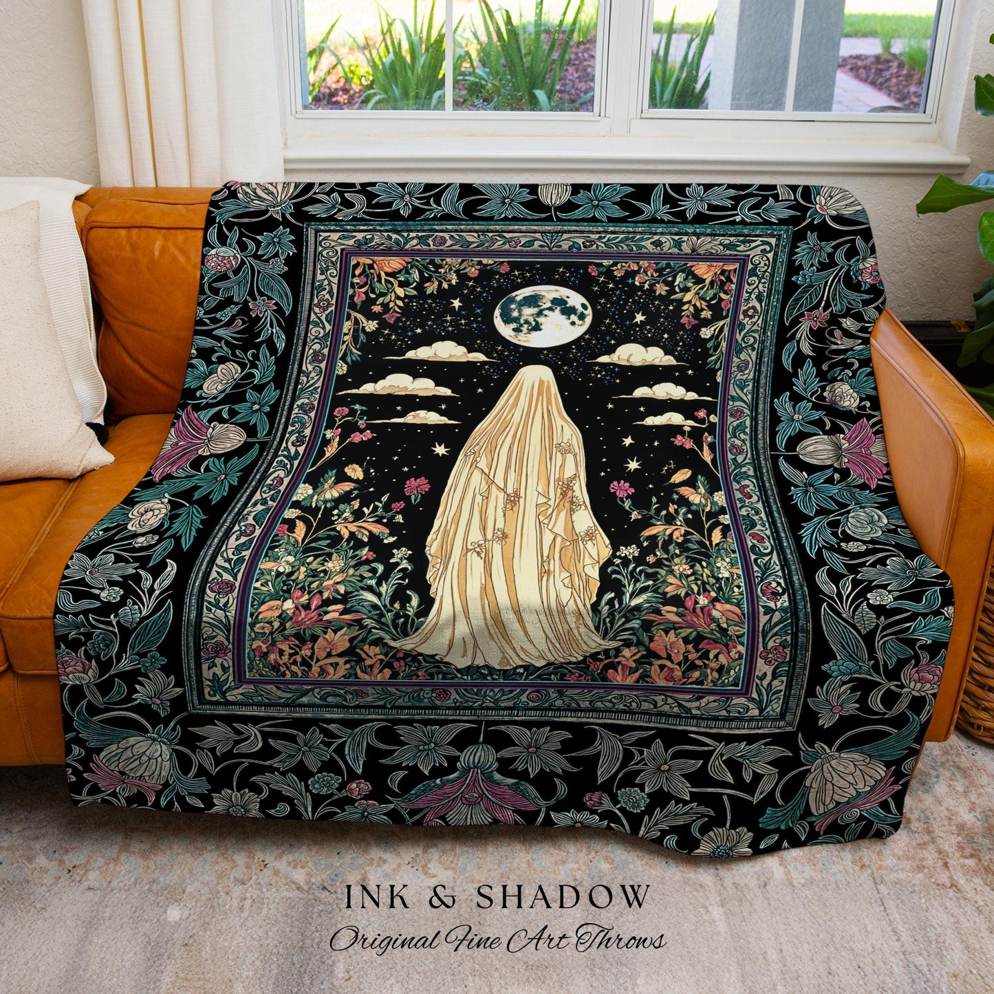 Moonlit Garden Ghost Woven Throw | Celestial Halloween Floral Tapestry Blanket Whimsigoth Cottagecore Spirit Botanical Season of the Witch |