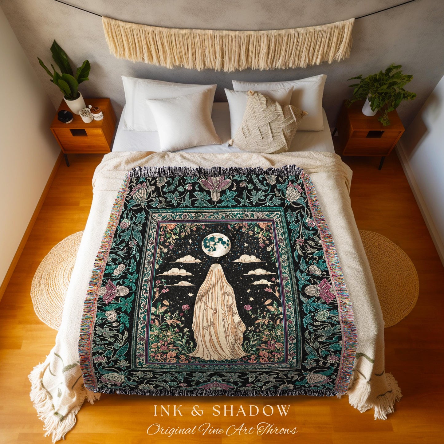 Moonlit Garden Ghost Woven Throw | Celestial Halloween Floral Tapestry Blanket Whimsigoth Cottagecore Spirit Botanical Season of the Witch |