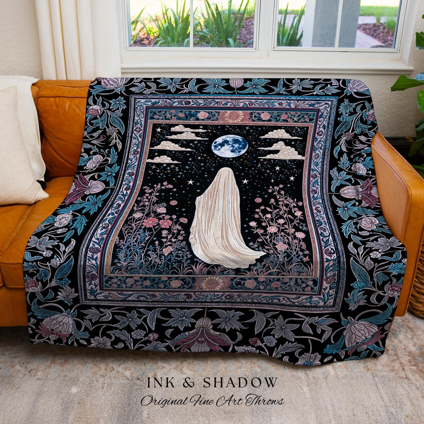 Moody Midnight Ghost Wall Tapestry | Gothic Woven Blanket Harvest Moon Spirit Whimsigoth Halloween Cottagecore Cozy Decor Botanical Witchy |