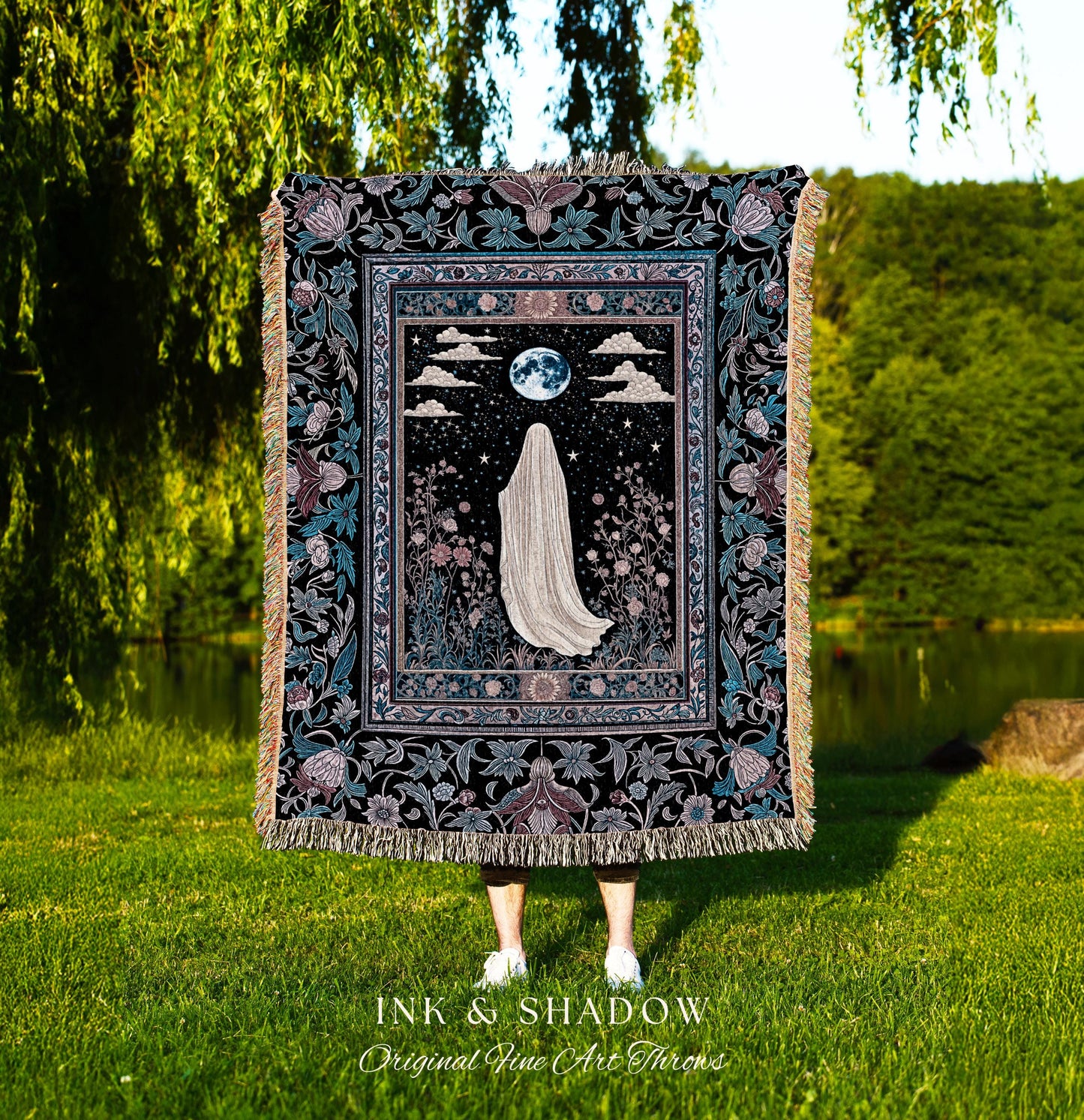 Moody Midnight Ghost Wall Tapestry | Gothic Woven Blanket Harvest Moon Spirit Whimsigoth Halloween Cottagecore Cozy Decor Botanical Witchy |