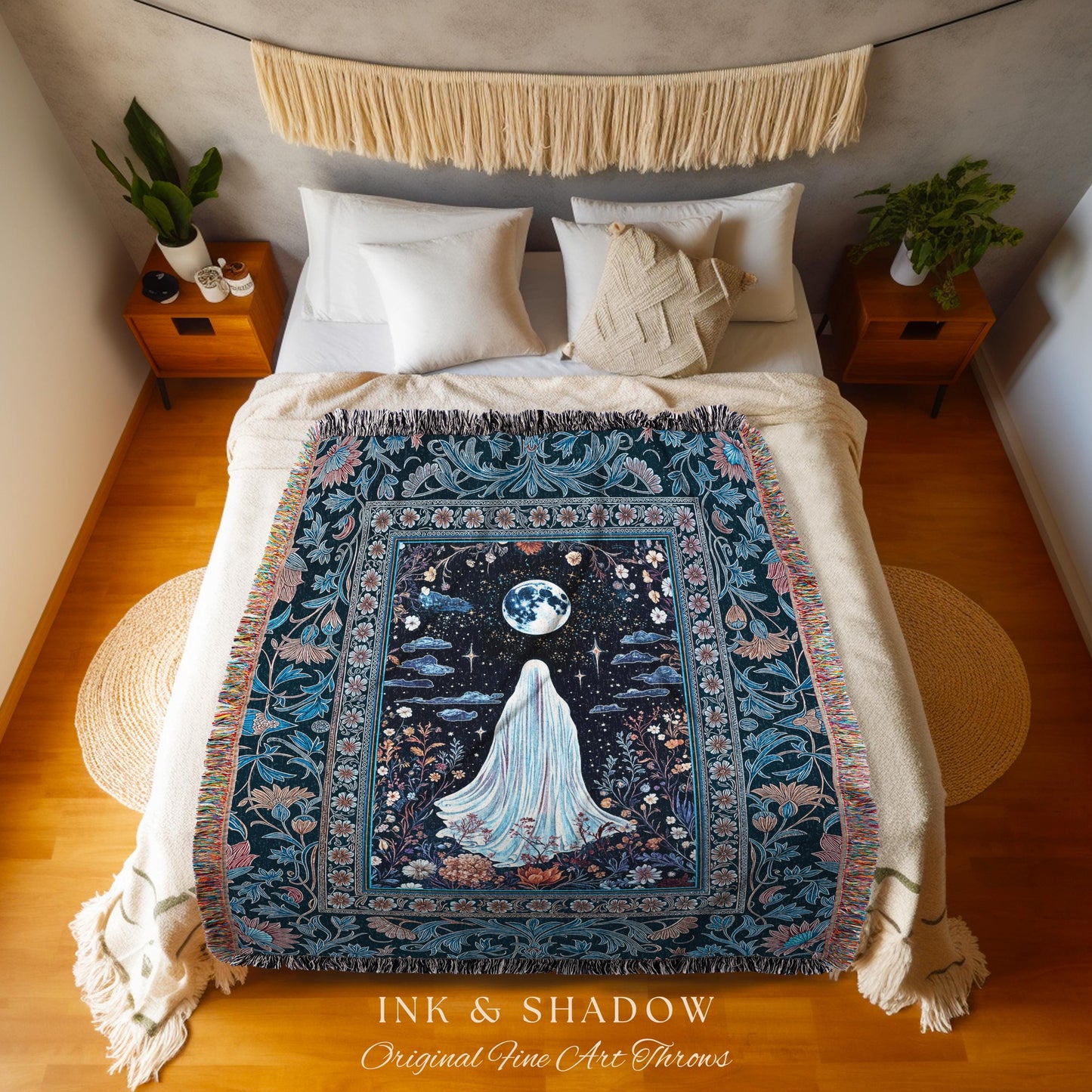 Blue Moon Garden Ghost Blanket | Whimsigoth Pastel Floral Throw Halloween Decor Cottagecore Spirit Tapestry Botanical Season Witchy Style |