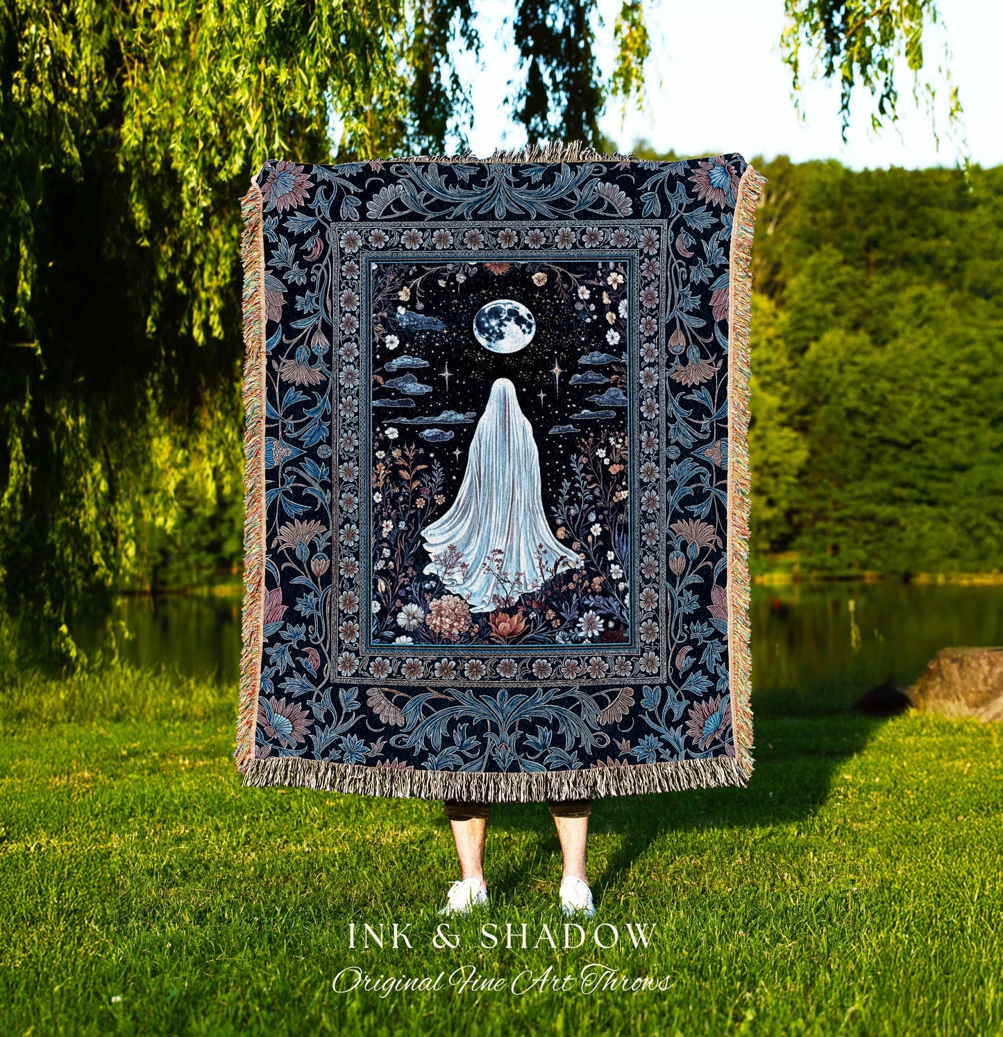Blue Moon Garden Ghost Blanket | Whimsigoth Pastel Floral Throw Halloween Decor Cottagecore Spirit Tapestry Botanical Season Witchy Style |