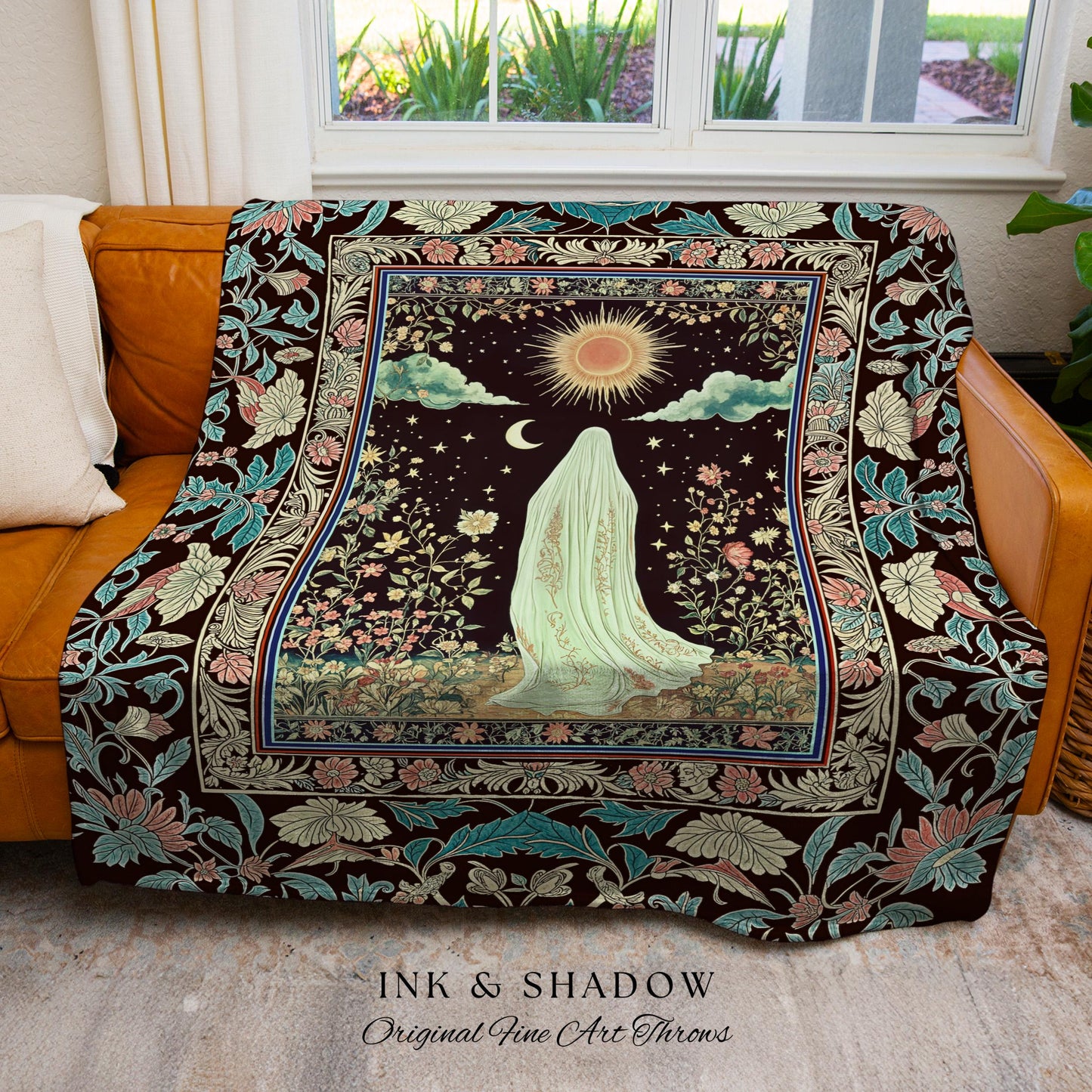 Earth Spirit Mystic Floral Ghost Throw | Cottagecore Blanket Tapestry Whimsigoth Decor Sunlit Pastel Accent Botanical Season Witchy Vintage