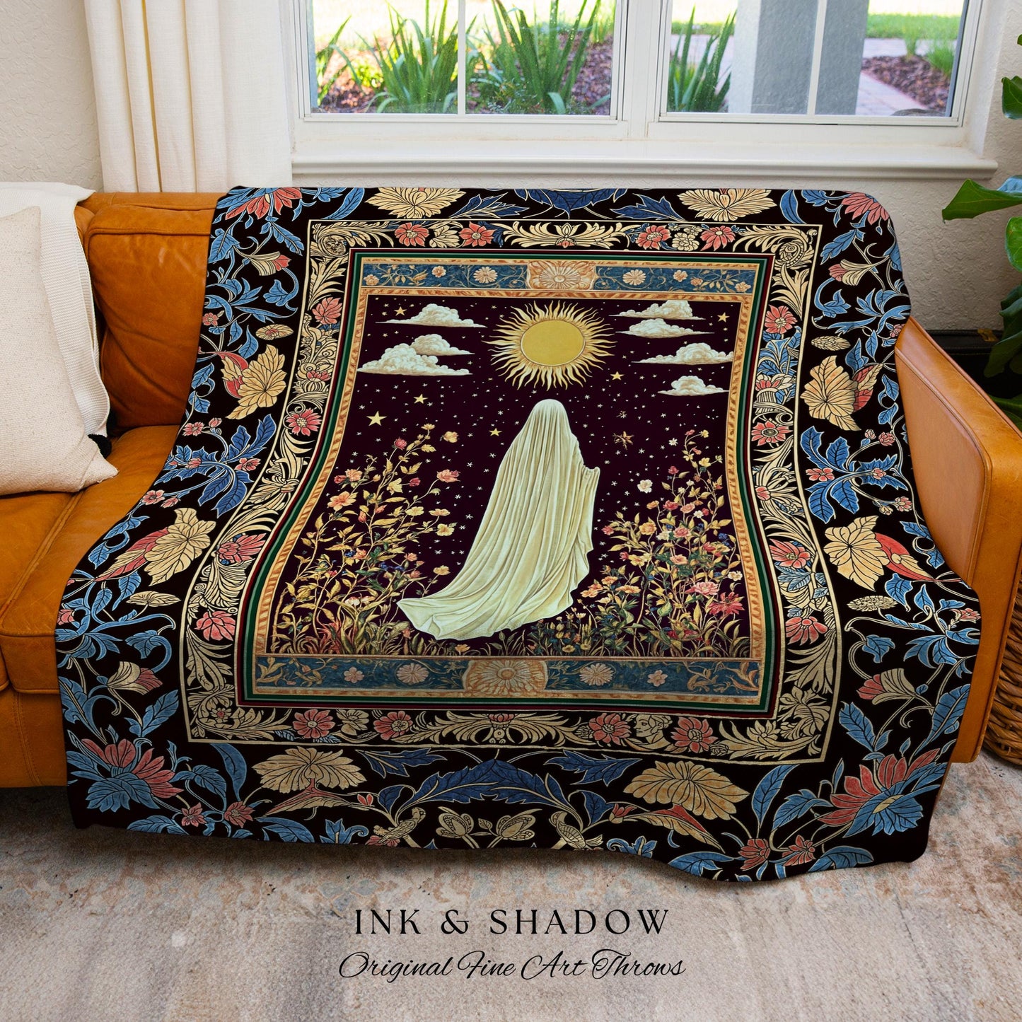 Gothic Sunlit Ghost Throw Blanket | Whimsigothic Cottagecore Woven Tapestry Decor Halloween Spirit Floral Mysticism Witchy Bedroom Accent |