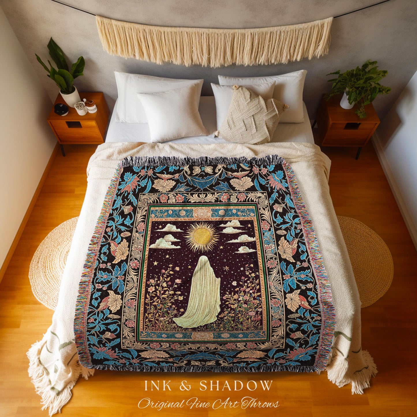 Gothic Sunlit Ghost Throw Blanket | Whimsigothic Cottagecore Woven Tapestry Decor Halloween Spirit Floral Mysticism Witchy Bedroom Accent |