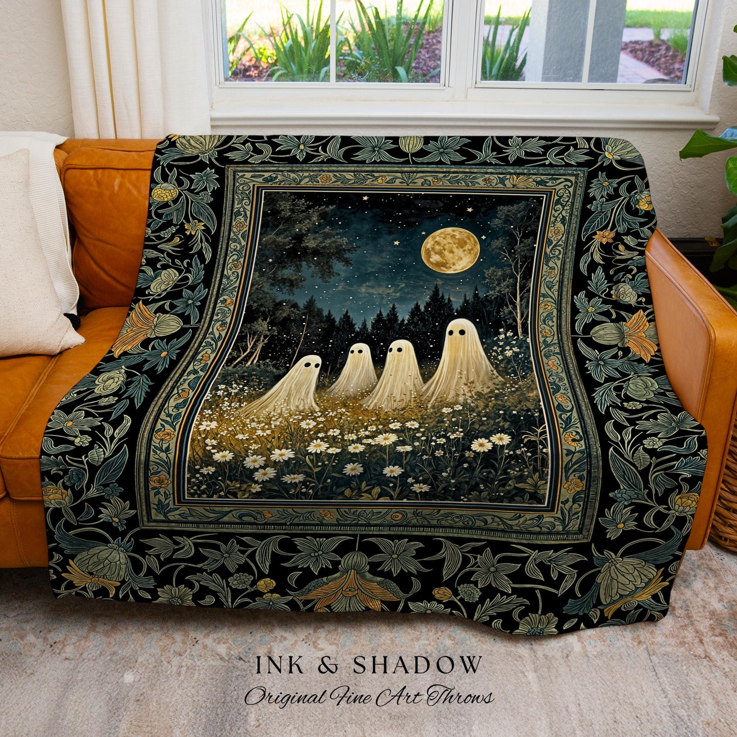 Mystic Full Moon Ghost Family Tapestry | Floral Halloween Woven Blanket Whimsigoth Gothic Mysticism Witchy Maximalist Throw Spooky Decor |