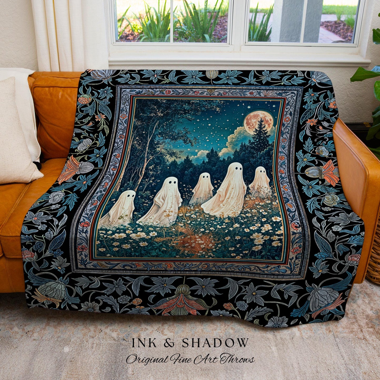 Dark Forest Spirits Ethereal Blanket | Whimsigothic Woven Tapestry Halloween Decor Floral Gothic Maximalist Mystic Cottagecore Home Accent |
