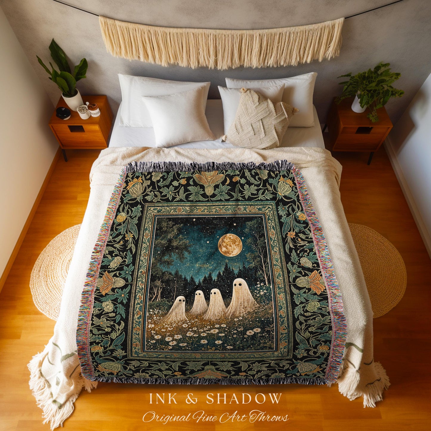 Mystic Full Moon Ghost Family Tapestry | Floral Halloween Woven Blanket Whimsigoth Gothic Mysticism Witchy Maximalist Throw Spooky Decor |