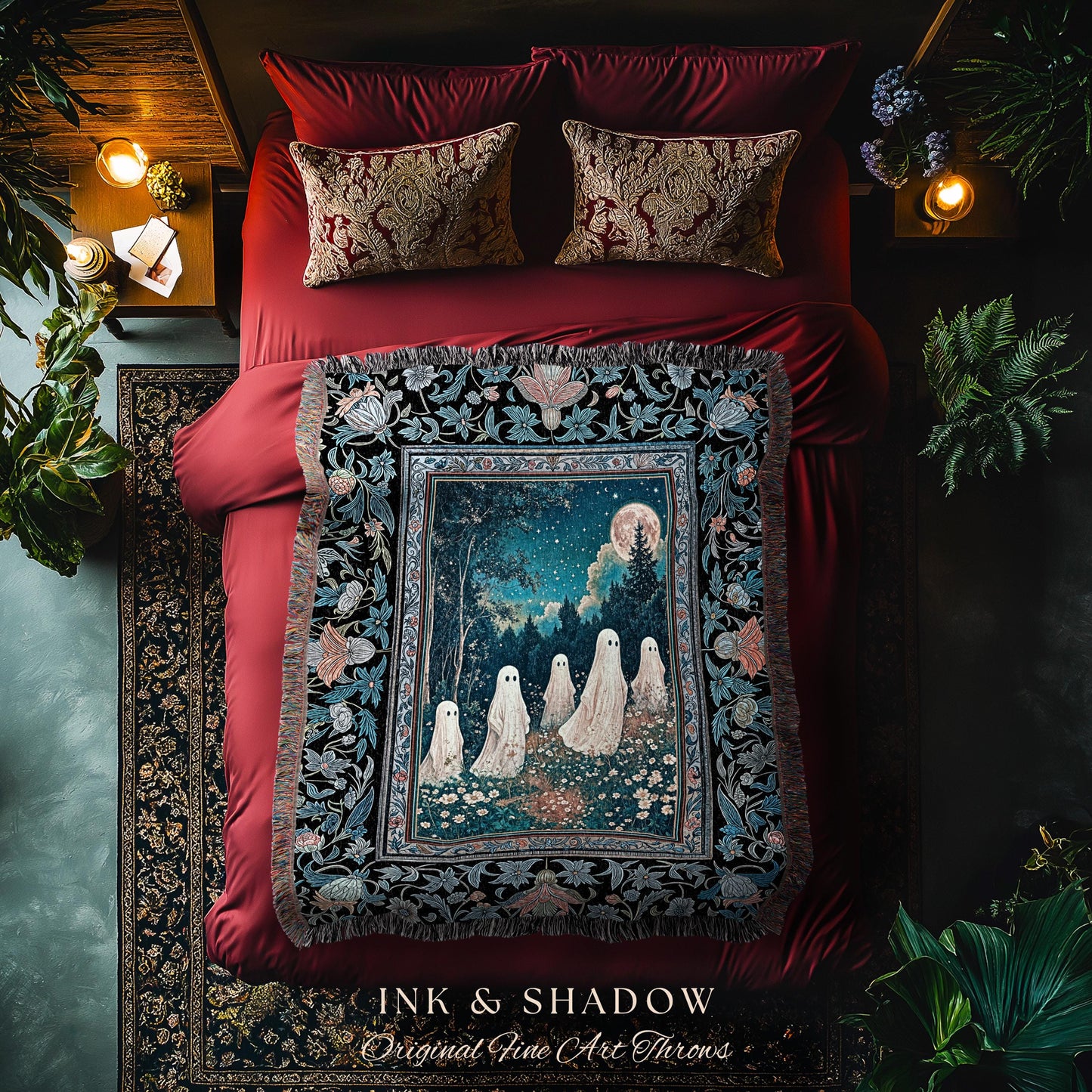 Dark Forest Spirits Ethereal Blanket | Whimsigothic Woven Tapestry Halloween Decor Floral Gothic Maximalist Mystic Cottagecore Home Accent |