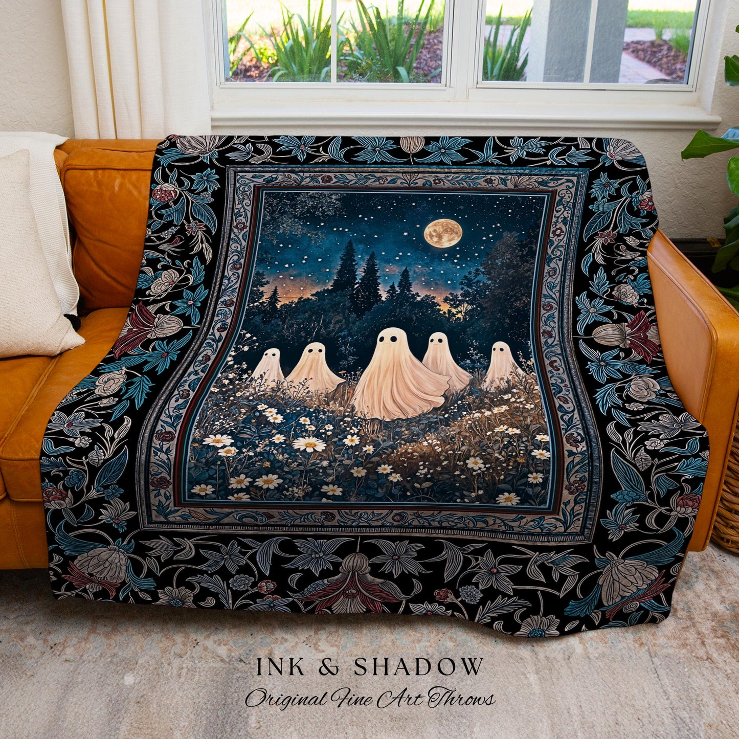 Midnight Gathering Mystical Ghost Blanket | Gothic Halloween Tapestry Whimsigoth Floral Dark Cottagecore Maximalist Mystic Decor Full Moon