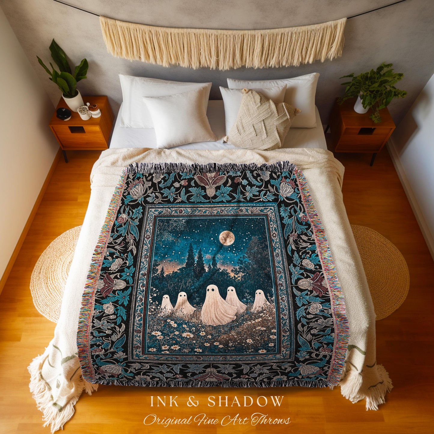 Midnight Gathering Mystical Ghost Blanket | Gothic Halloween Tapestry Whimsigoth Floral Dark Cottagecore Maximalist Mystic Decor Full Moon