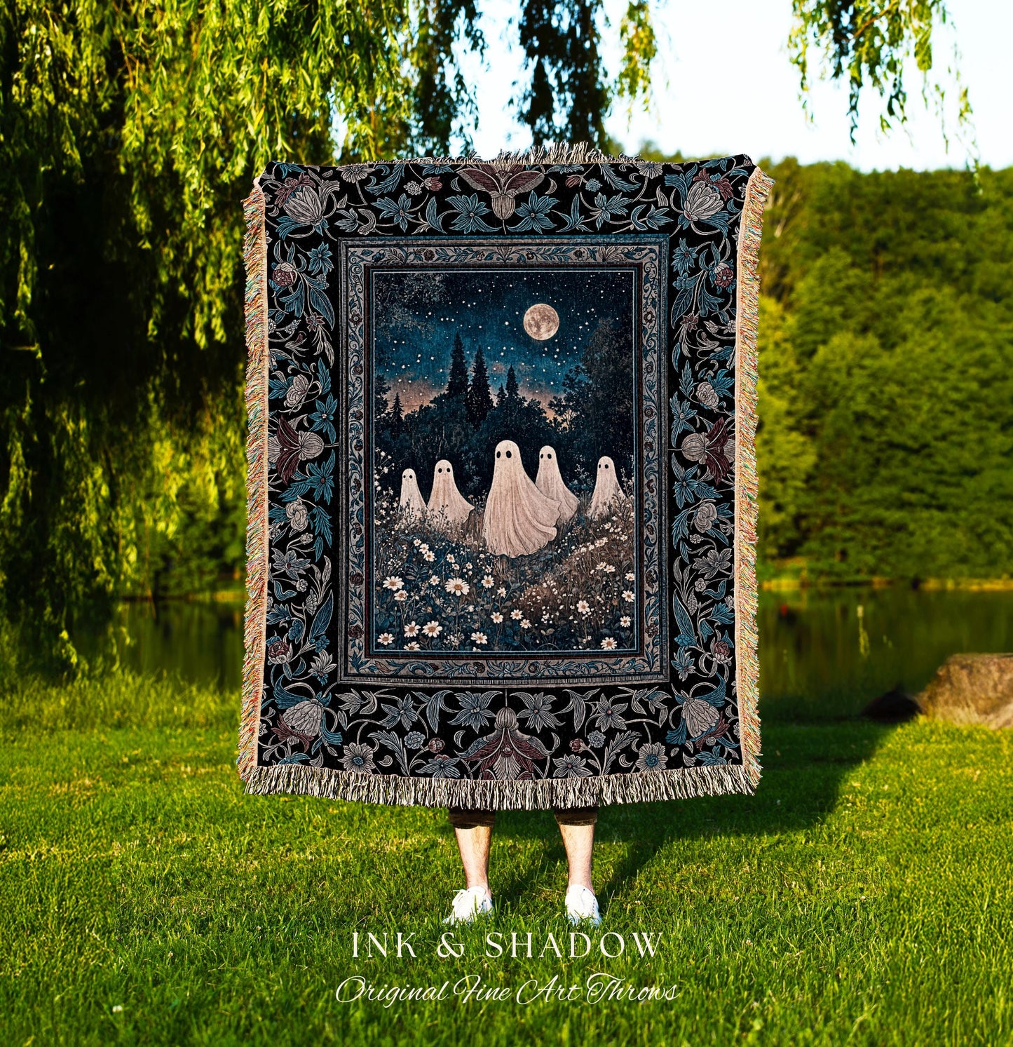 Midnight Gathering Mystical Ghost Blanket | Gothic Halloween Tapestry Whimsigoth Floral Dark Cottagecore Maximalist Mystic Decor Full Moon