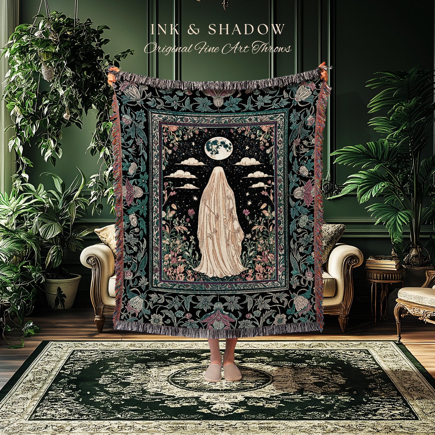 Moonlit Garden Ghost Woven Throw | Celestial Halloween Floral Tapestry Blanket Whimsigoth Cottagecore Spirit Botanical Season of the Witch |