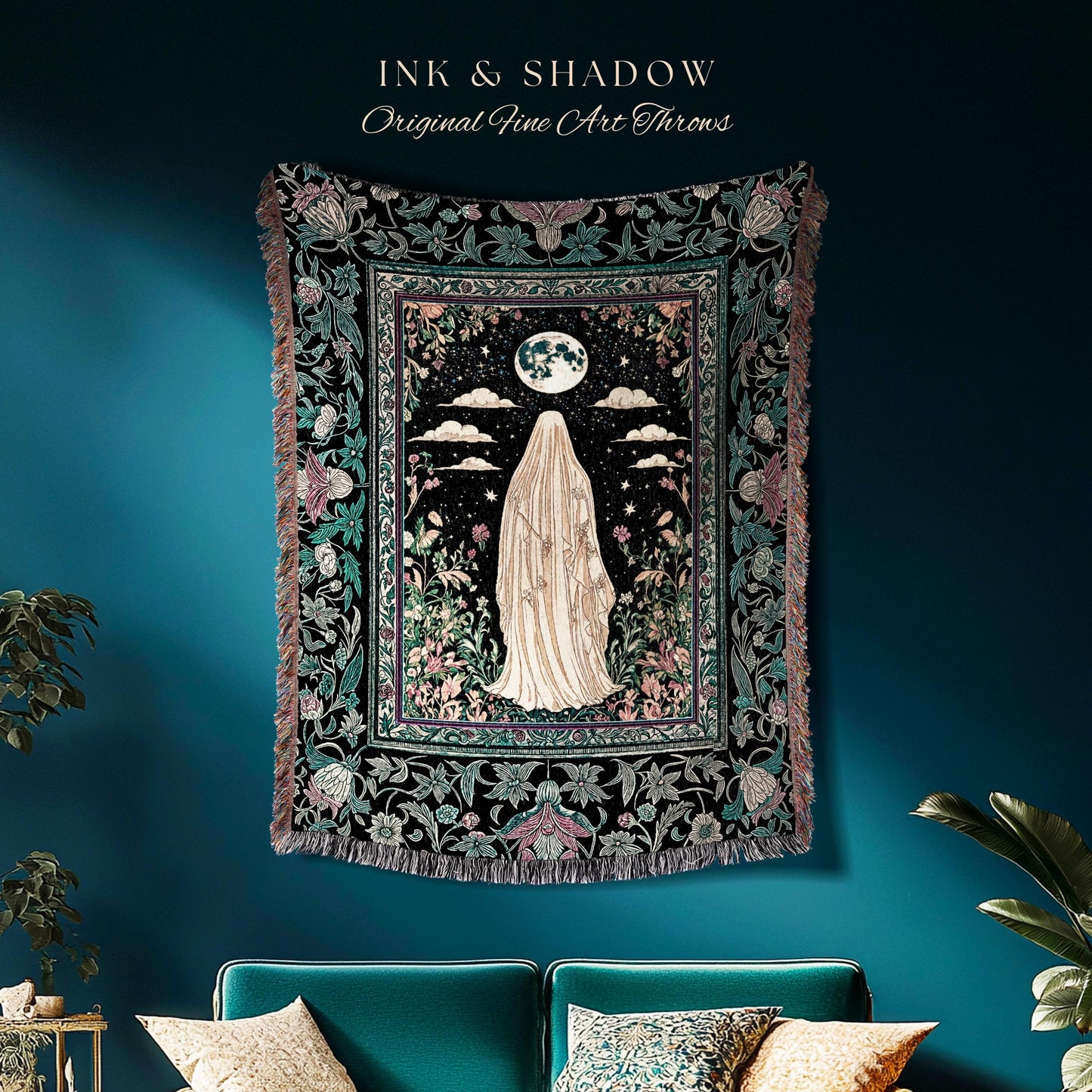 Moonlit Garden Ghost Woven Throw | Celestial Halloween Floral Tapestry Blanket Whimsigoth Cottagecore Spirit Botanical Season of the Witch |