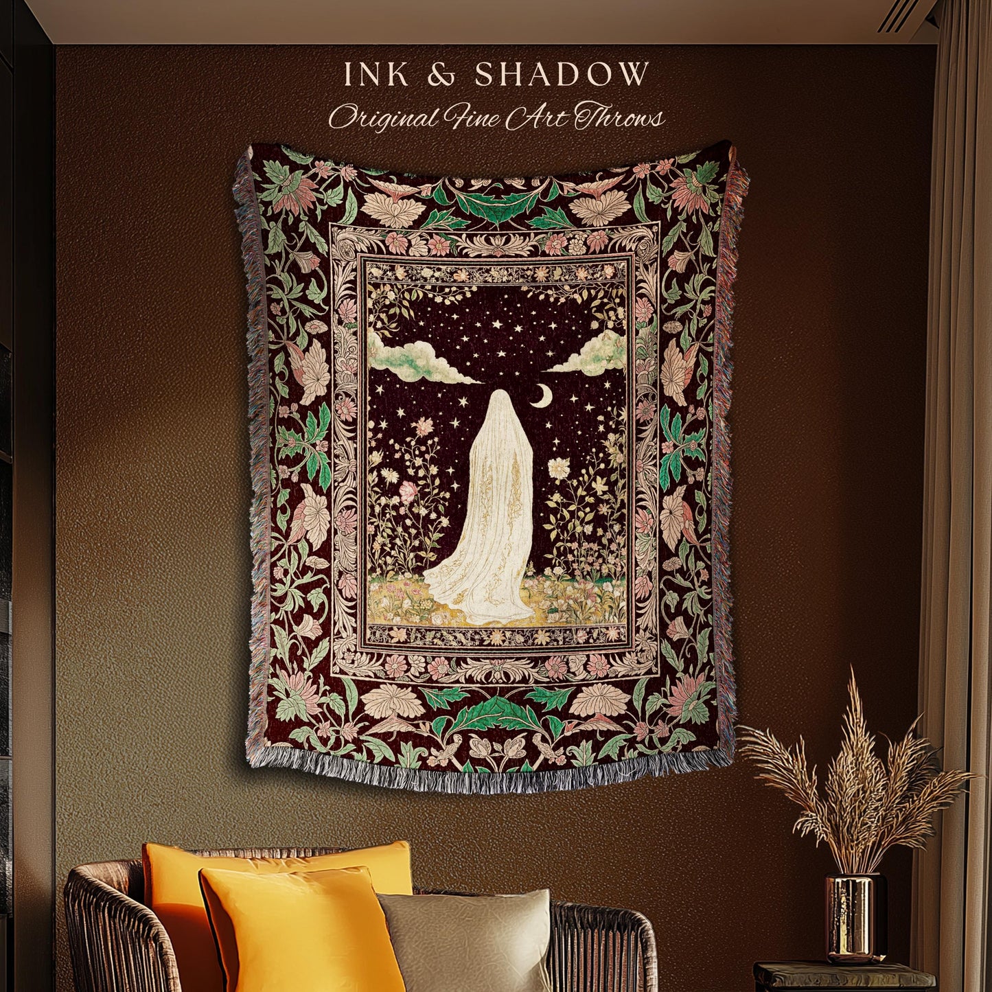 Celestial Nightfall Mystic Ghost Tapestry | Ethereal Witchy Cottagecore Blanket Woven Whimsigoth Gothic Decor Botanical Vintage Aesthetic |