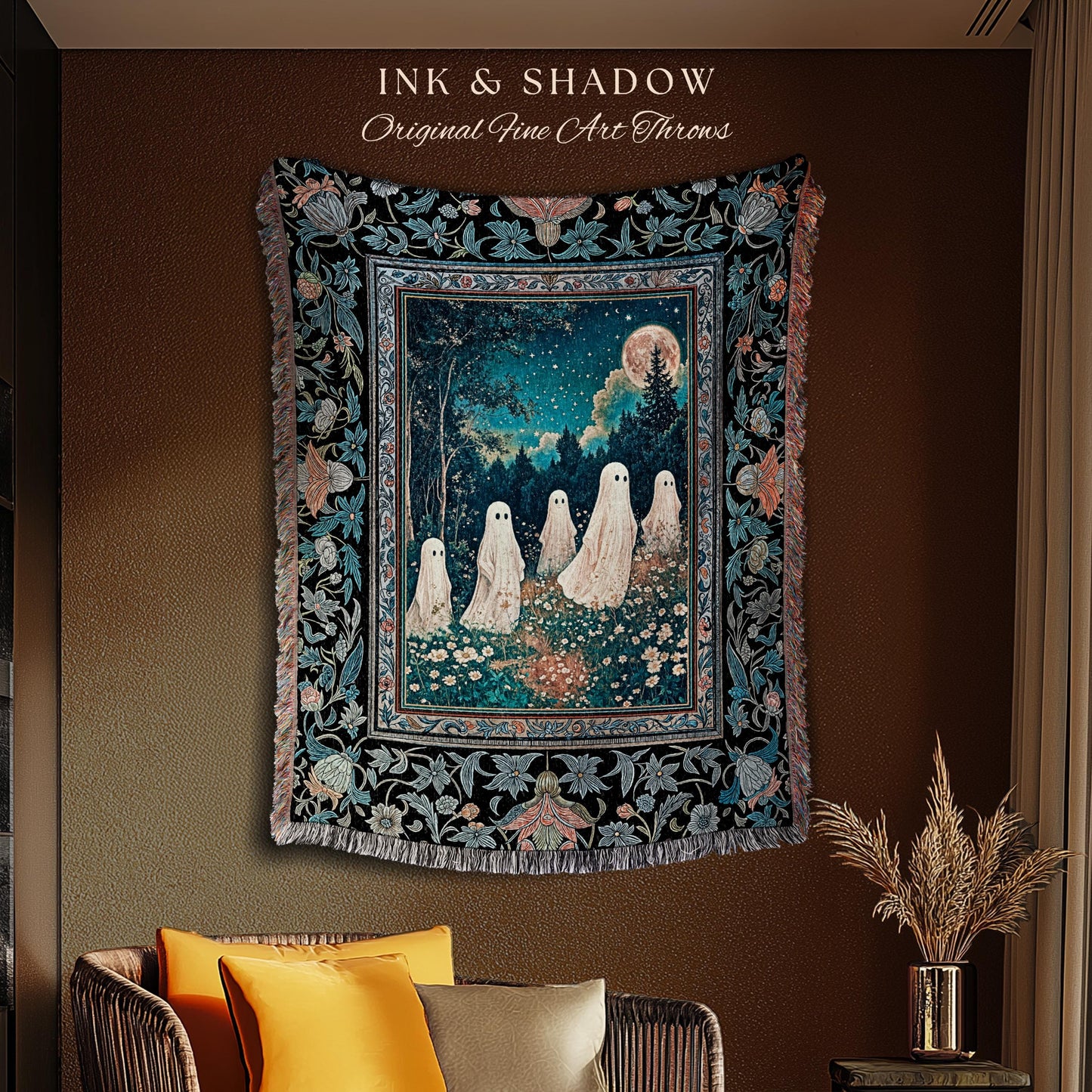 Dark Forest Spirits Ethereal Blanket | Whimsigothic Woven Tapestry Halloween Decor Floral Gothic Maximalist Mystic Cottagecore Home Accent |