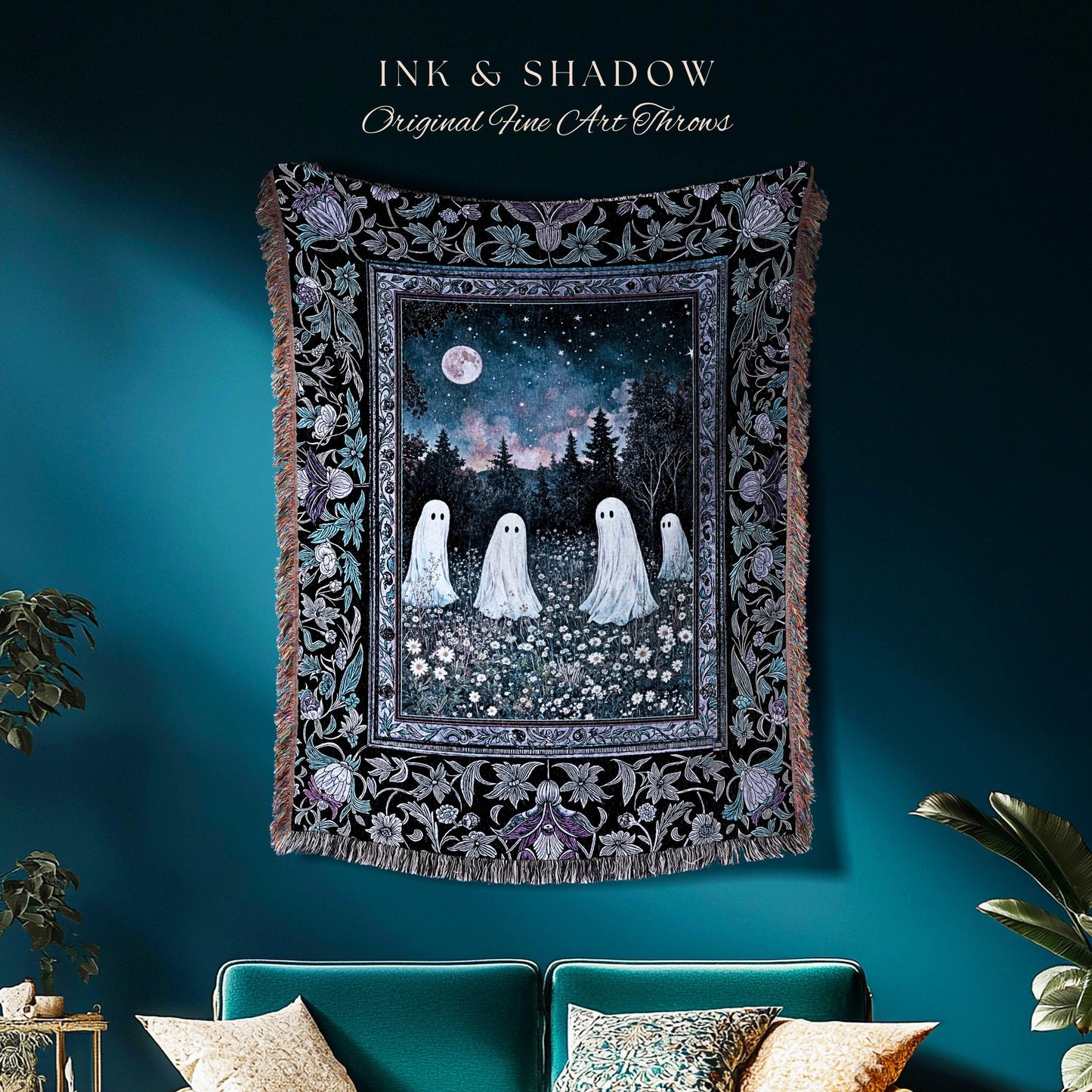 Starry Sky Violet Meadow Ghost Blanket | Halloween Gothic Tapestry Whimsigoth Cottagecore Floral Maximalist Moody Mysticism Bedroom Decor |