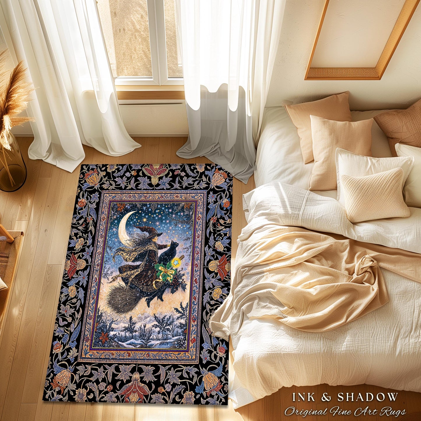 Magic Moonlit Witch Accent Rug | Ethereal Witchy Halloween Bedroom Area Rug Nostalgic Aesthetic Broomstick Black Cat Celestial Home Decor |