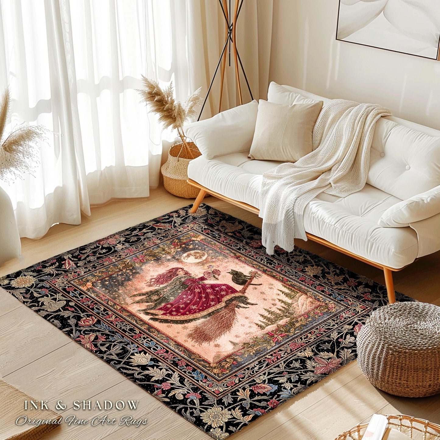 Mystical Black Cat Witch Area Rug | Fairytale Decor Gothic Cottagecore Broomstick Halloween Whimsy Gothic Maximalist Aesthetic Accent Rustic