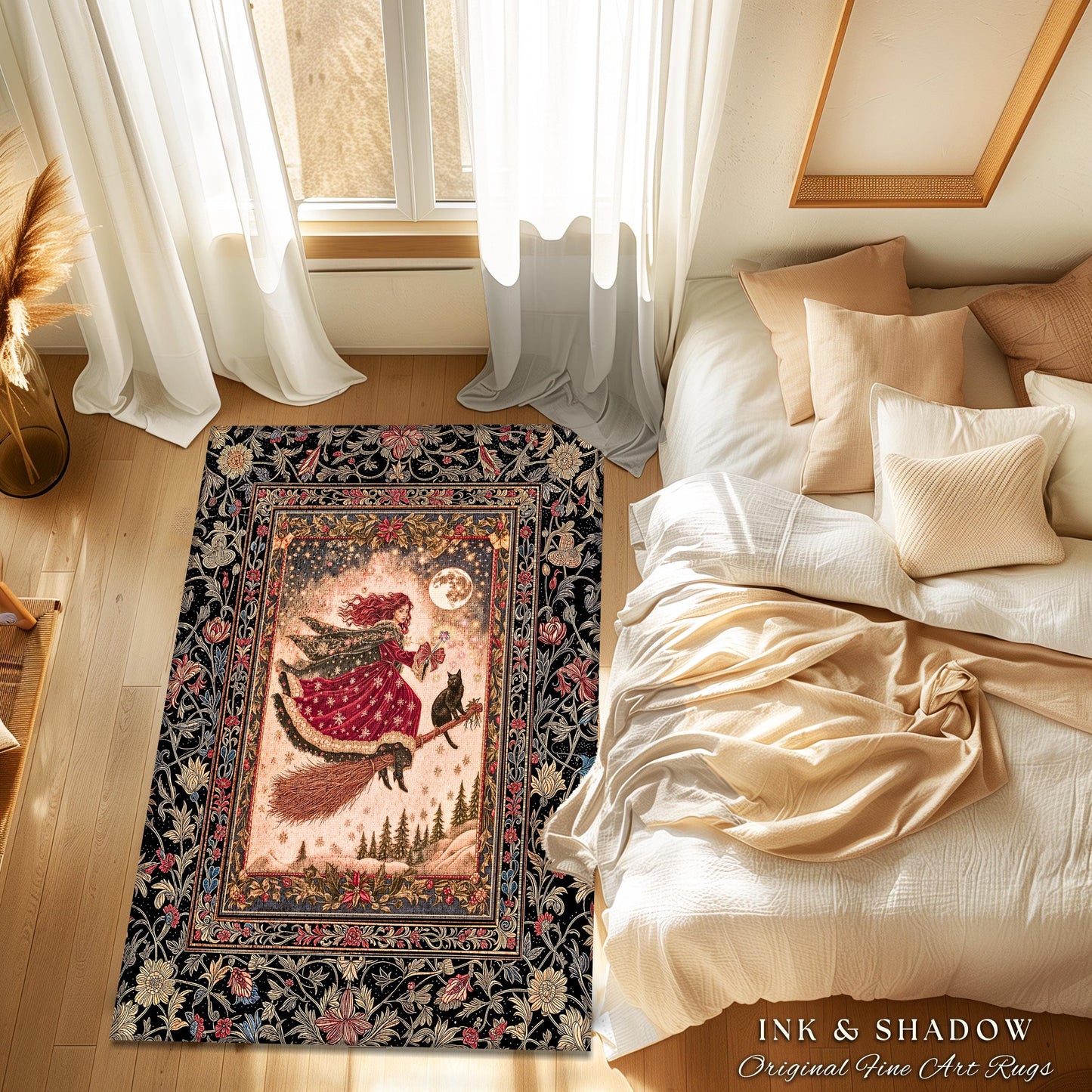 Mystical Black Cat Witch Area Rug | Fairytale Decor Gothic Cottagecore Broomstick Halloween Whimsy Gothic Maximalist Aesthetic Accent Rustic