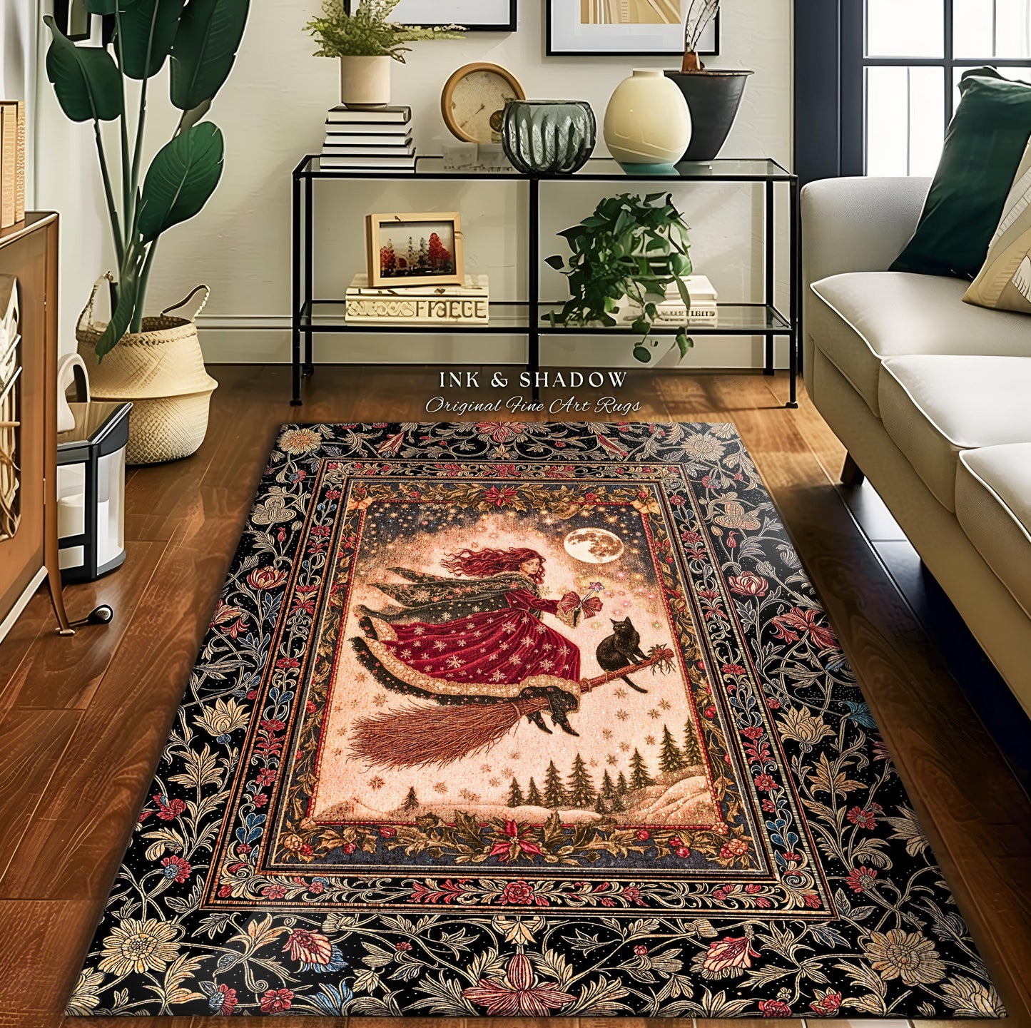 Mystical Black Cat Witch Area Rug | Fairytale Decor Gothic Cottagecore Broomstick Halloween Whimsy Gothic Maximalist Aesthetic Accent Rustic
