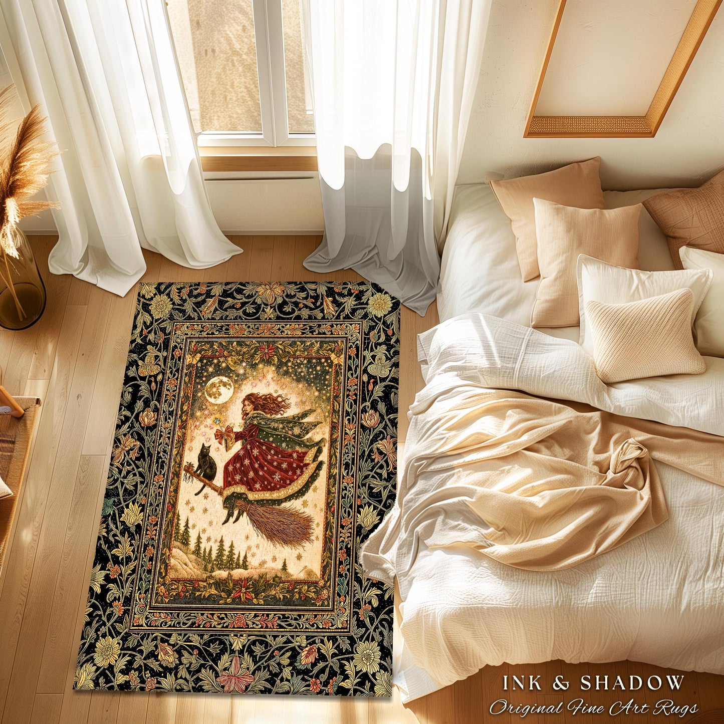 Whimsical Witchy Broomstick Accent Rug | Fairytale Gothic Decor Mystic Black Cat Celestial Moon Bedroom Botanical Dark Academia Cottagecore