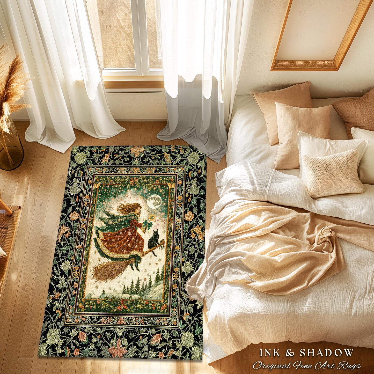 Holiday Witch Black Cat Area Rug | Nostalgic Halloween Enchanted Cottagecore Decor Mystic Aesthetic Winter Bedroom Accent Gothic Elegance |