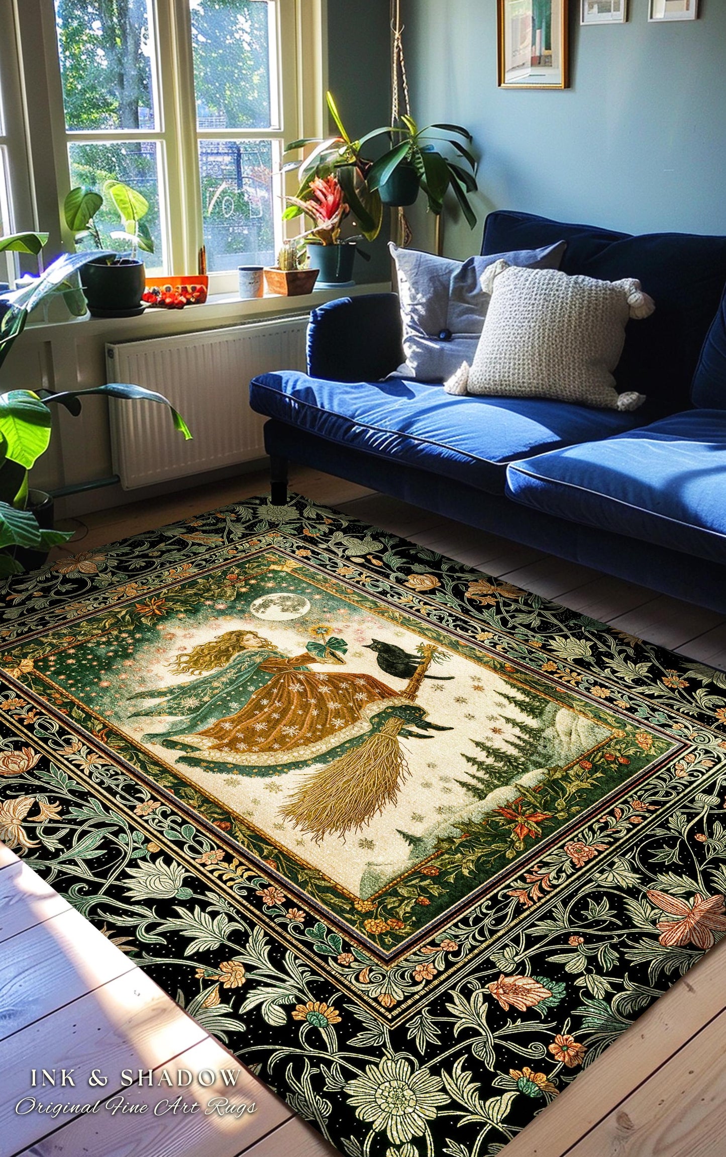 Holiday Witch Black Cat Area Rug | Nostalgic Halloween Enchanted Cottagecore Decor Mystic Aesthetic Winter Bedroom Accent Gothic Elegance |