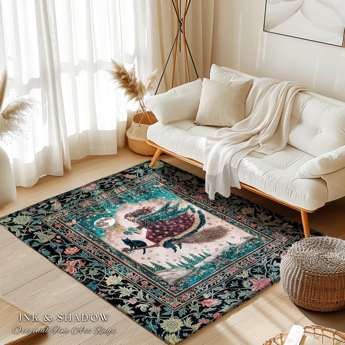 Snow Witch Celestial Accent Rug | Magical Black Cat Gothic Decor Broomstick Whimsigoth Magic Cottagecore Aesthetic Bedroom Area Rug Mystic |