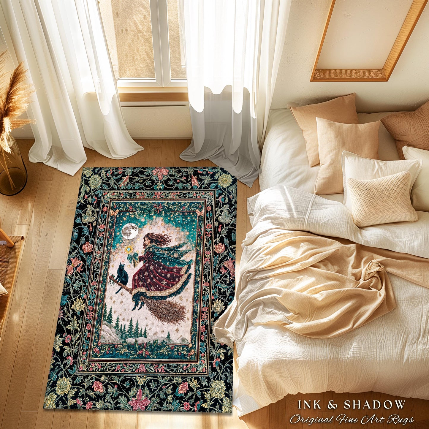 Snow Witch Celestial Accent Rug | Magical Black Cat Gothic Decor Broomstick Whimsigoth Magic Cottagecore Aesthetic Bedroom Area Rug Mystic |