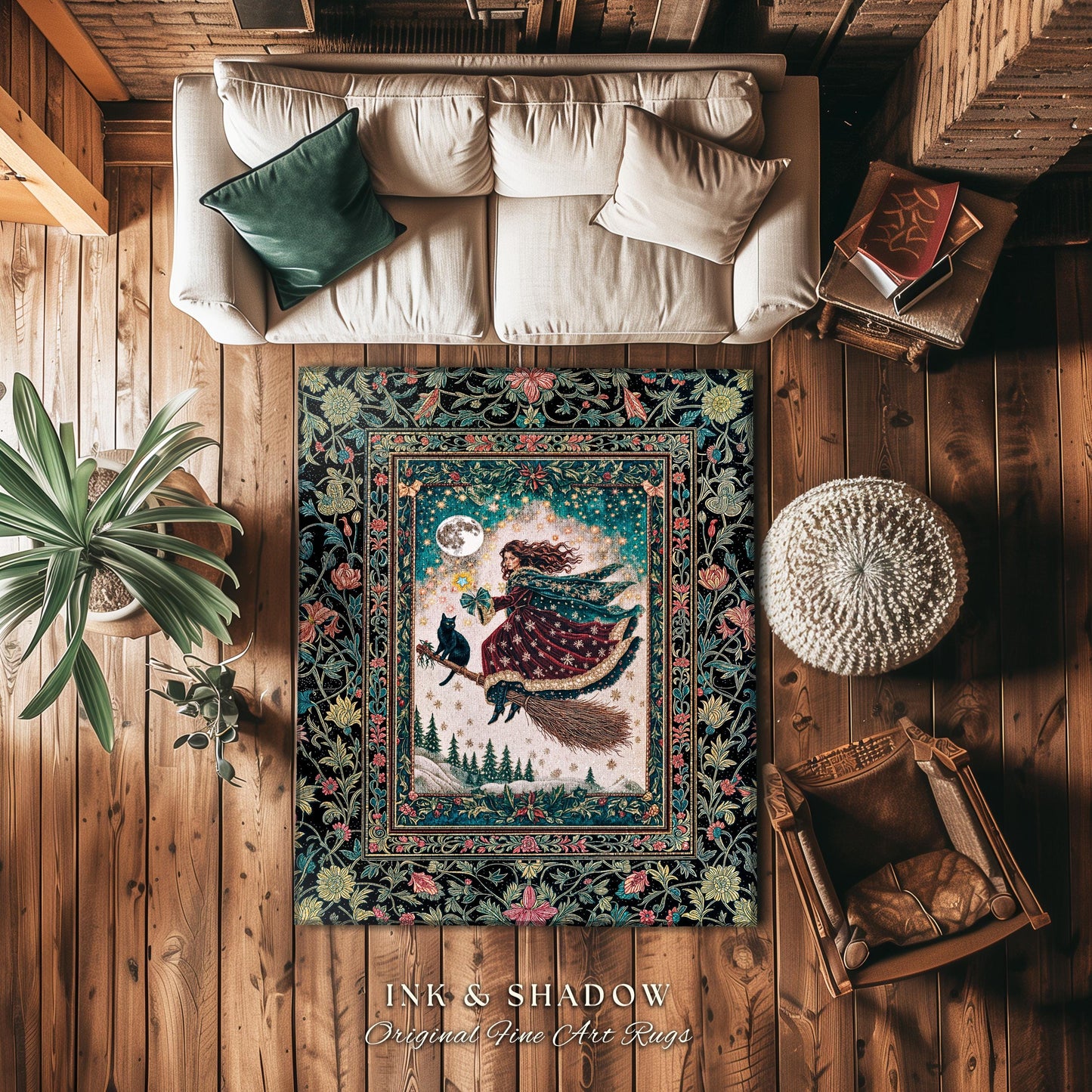 Snow Witch Celestial Accent Rug | Magical Black Cat Gothic Decor Broomstick Whimsigoth Magic Cottagecore Aesthetic Bedroom Area Rug Mystic |