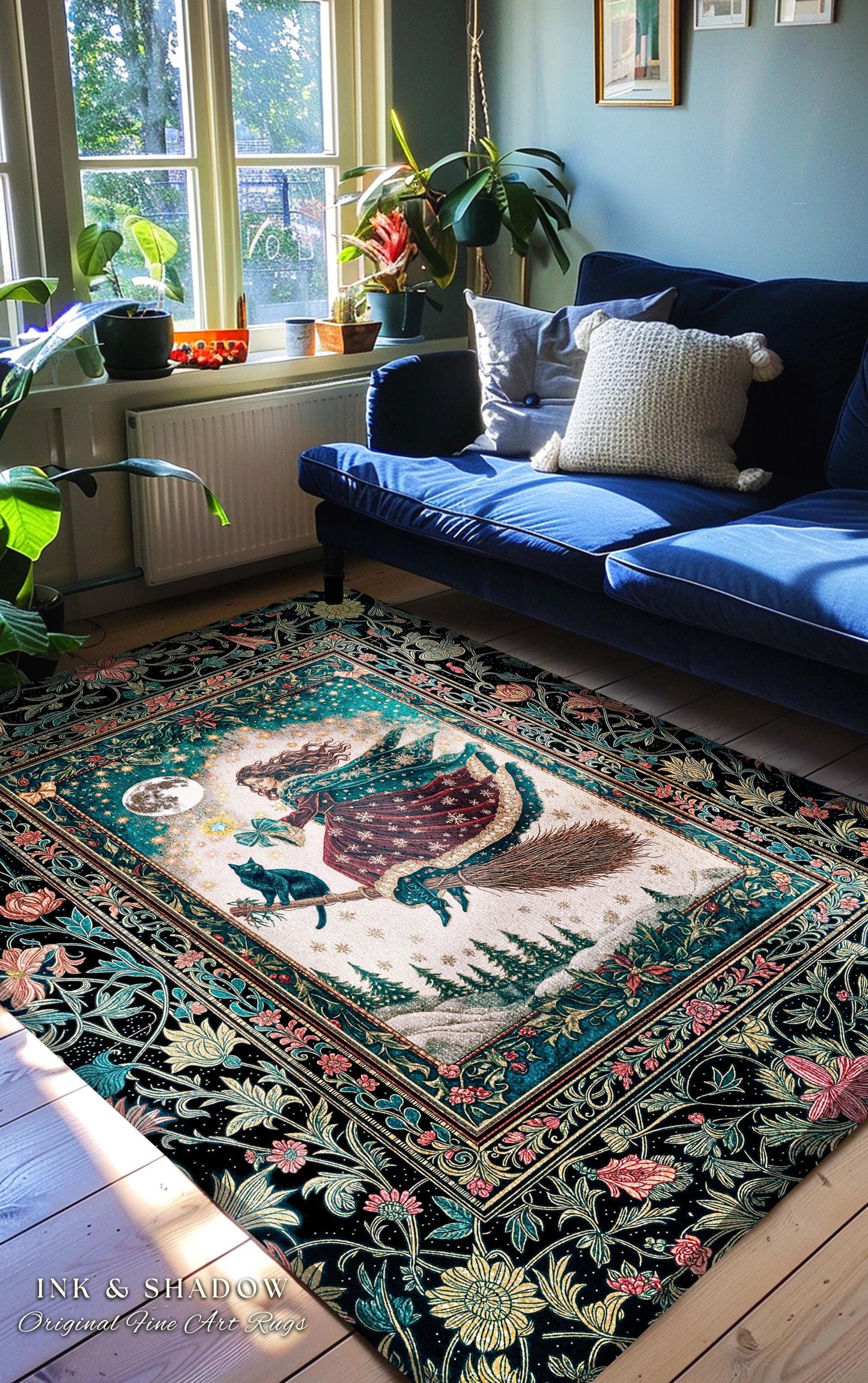 Snow Witch Celestial Accent Rug | Magical Black Cat Gothic Decor Broomstick Whimsigoth Magic Cottagecore Aesthetic Bedroom Area Rug Mystic |