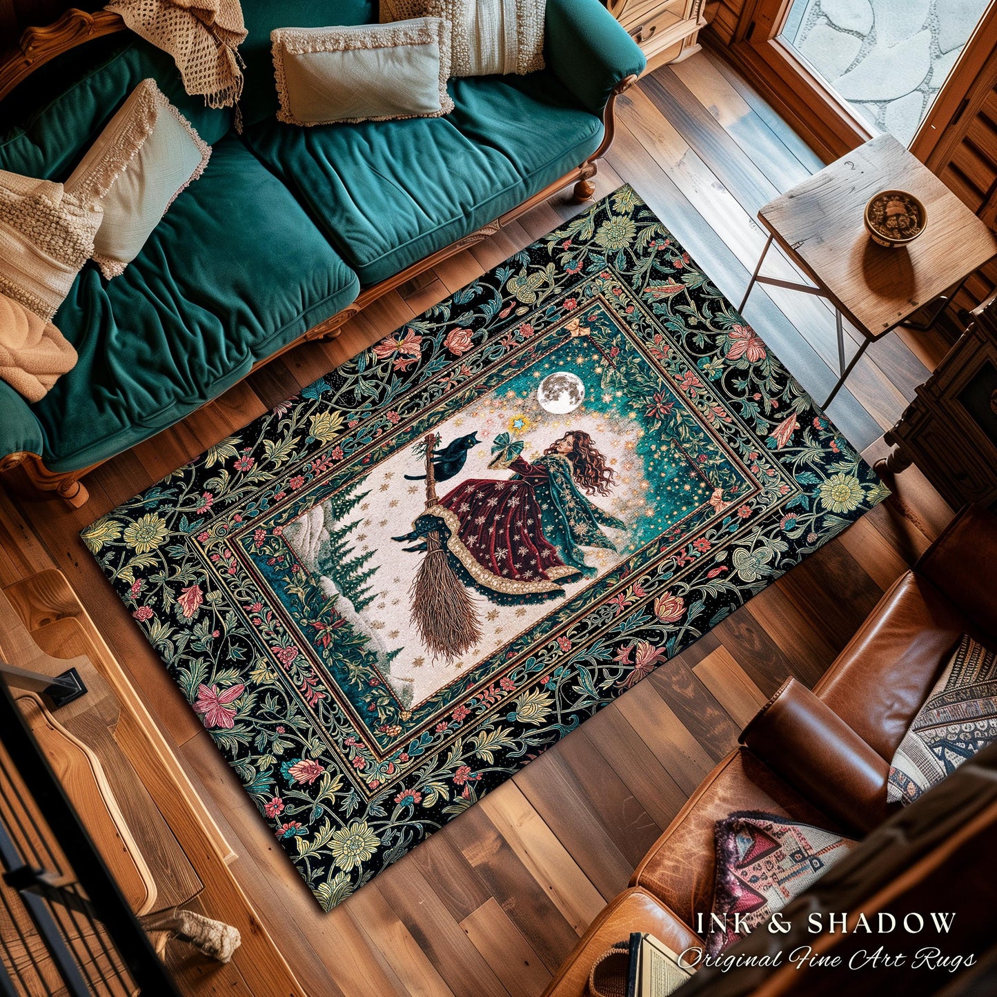 Snow Witch Celestial Accent Rug | Magical Black Cat Gothic Decor Broomstick Whimsigoth Magic Cottagecore Aesthetic Bedroom Area Rug Mystic |